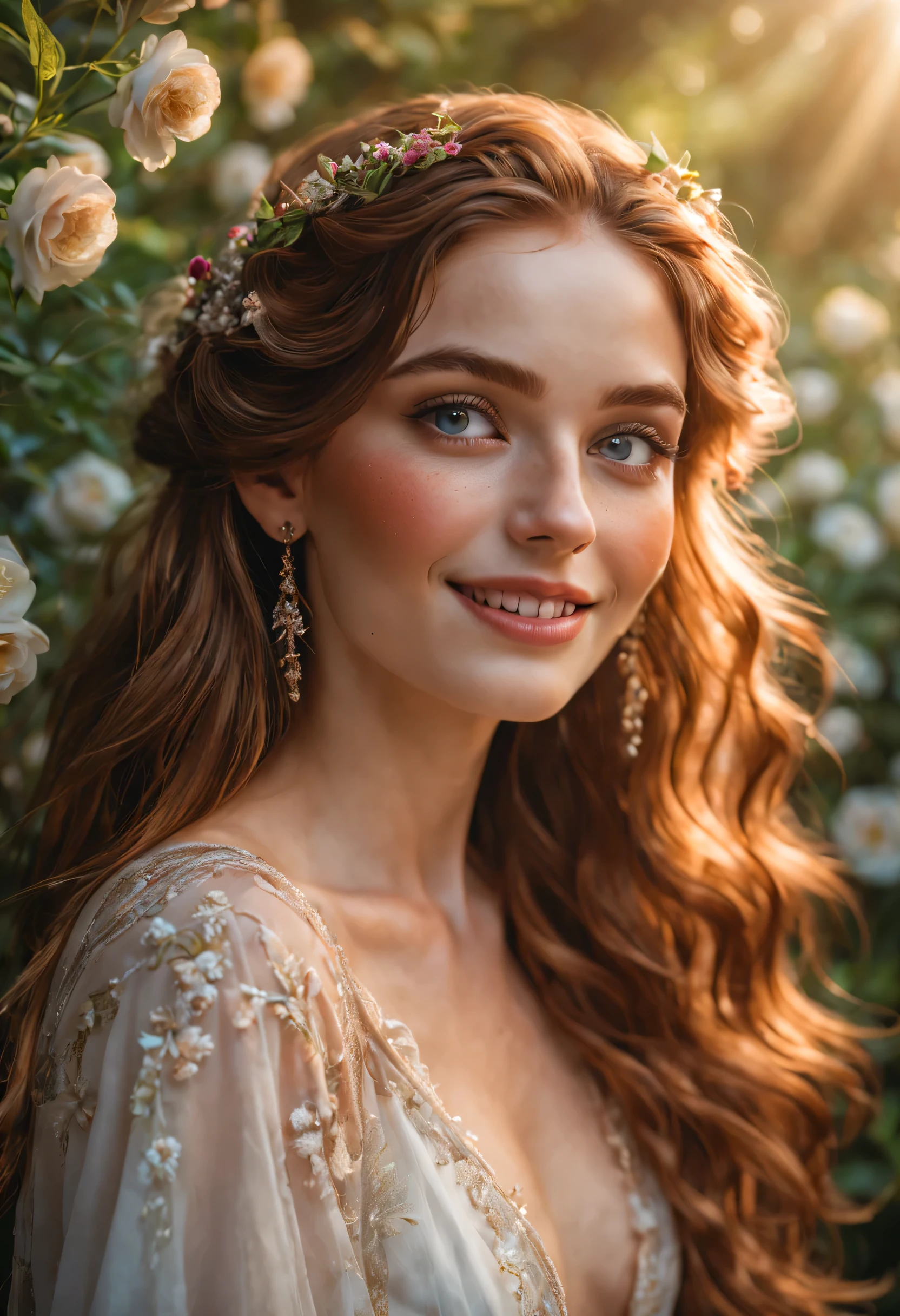 (high quality,4K,8k,high resolution,masterpiece:1.2),Beautiful and delicate eyes,Beautiful and delicate lips,Extremely detailed eyes and face,long eyelashes,(portrait:1.1),Gorgeous,smiling,fashionable,ethereal,Obsessed,fantasy,flowery,fantastic,Beautiful garden setting,soft sunshine,romantic atmosphere,whimsical,Perfectly flowing hair,bright colors,Feminine,fashionable着装,Loving gaze,Beautiful features,Moderate,beautiful,happiness,freckle,charming,wonderful,carefree,perfect complexion,divine being