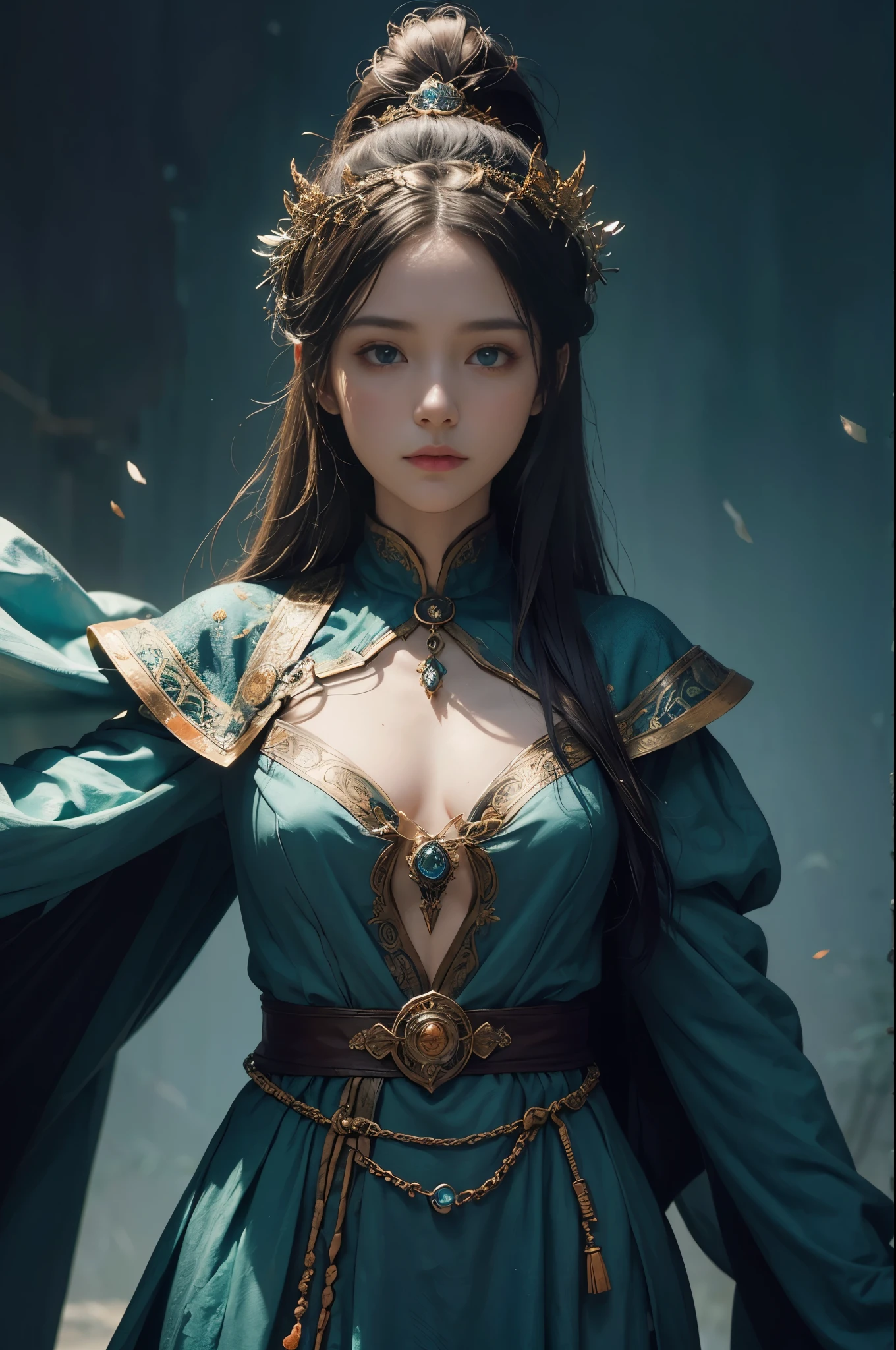 (1 girl:1.3),alone,body parts, official art, unified 8k wallpaper, Super detailed, beautiful and aesthetic, beautiful, masterpiece, best quality,梦幻Normal氛围, Calm color palette, calm mood, soft shadow,, Priests of the Son of God, charm spell, The amulet is familiar., The duties of a witch,，8k, HD, Detailed face, delicate eyes，surreal, + lens + dynamic composition, Extremely detailed, sharpen, Normal, warm light, Light effect, dramatic light, (intricate details:1.1), complex background, (greg rutkovsky:0.8), (teal and orange:0.4），correct anatomy，