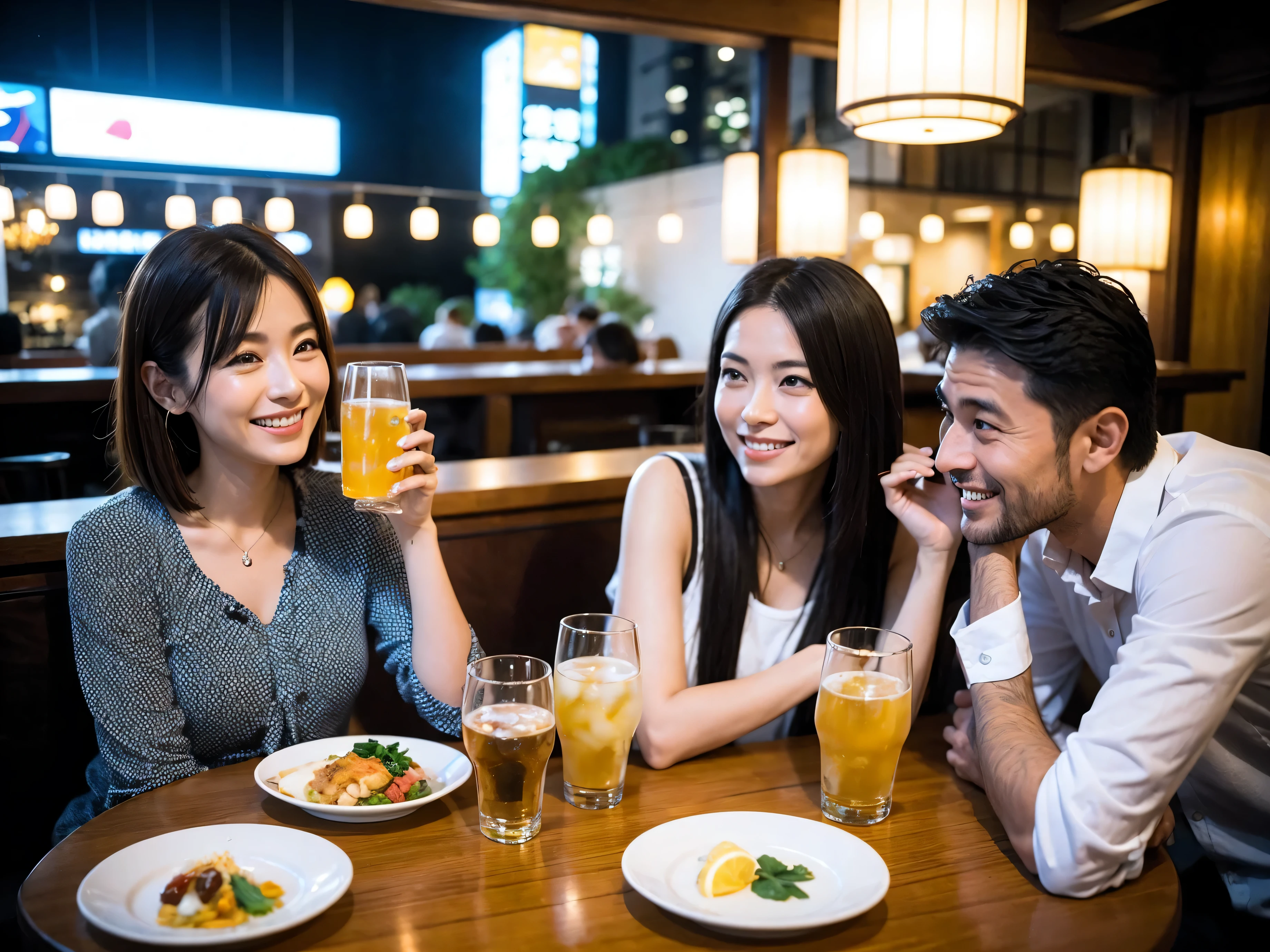 Detailed images that look like they were taken with a high-end camera、party、couple、banquet、Japanese sake、Shochu、hot sake、Japanese sakeファン、I love Japanese sake、because I'thin、Women who drink alcohol、36 years old、38 years old、Colombia、Brazilian、Japanese、Dutch、German、Portuguese、Belgian、chiri、American、french、Spaniard、Italian、Indian、Englishman、Cut your hair short、brown hair、beautiful woman with glasses and cup、Japanese sakeグラスとワイングラスには清酒が入っています.、720m of Japanese sake、1.You can also see the 8L sake bottle...、There is also Choshi、adult woman in her 30s、Have a nice smile while enjoying a drink.、The location is a hotel restaurant..、You can see the beautiful night view of the city outside the window..、The floor is the 1st floor、In the background you can see a man and a woman enjoying alcohol...。