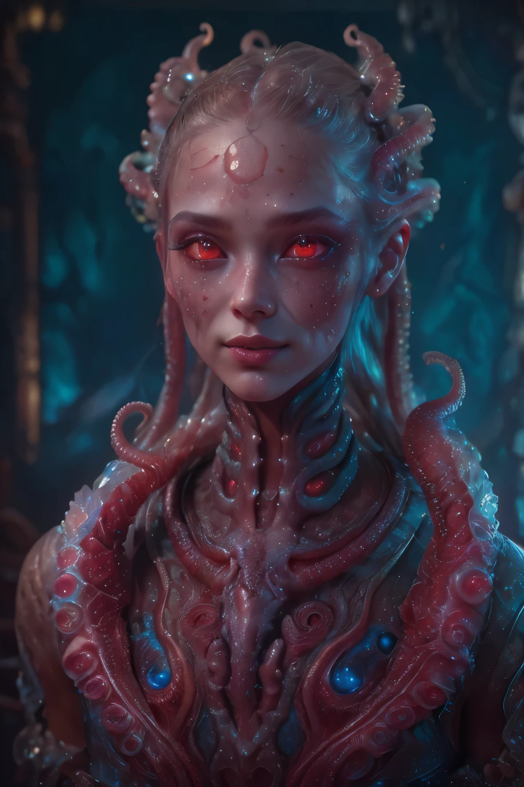 Portrait, (beautiful female alien:1.2), (she has red eyes with no pupils:1.8), (Translucent skin:1.7), (There is a female genital-like organ in the middle of the forehead:1.9), (The most beautiful face in the history of the universe:1.2),an evil gaze that seduces, (large mouth:1.1), (sharp teeth like a vampire:1.2), Full body portrait, (bio luminescent:1.5), (Smile wickedly:1.3), (sexypose:1.5), alien, No humans, cells are fused, (Lots of translucent tentacles:1.3) extraterrestrial, cell, bio image, best quality, 8K,In 4K_quality, High freshness, Dramatic Lighting, masutepiece:1.5,cinematic quality, detail up, (exquisite details:1.2), high resolution, High freshness, drawing faithfully, (Thick eyebrows:1.2), Beautiful eyes with fine symmetry,(Highly detailed face and eyes:1.2), Intimate face, (Super detailed skin quality feeling:1.4), perfect anatomy, (Beautiful toned body:1.5), (Moist skin:1.2), not wearing makeup, (dark circles:1.1), long canines, cinematic drawing of characters, ultra high quality model, cinematic quality, detail up, (exquisite details:1.2), high resolution, High freshness, drawing faithfully, official art, Unity 8K Wall , 8K Portrait, best quality, Very high resolution, ultra detailed artistic photography, midnight aura, unreal engine 5, Ultra Sharp Focus, art by alberto seveso, ArtGerm, Roisch, intricate artwork, best quality, masterpiece, ultra high resolution, (photos realistic:1.4), ultra realistic realism, dream-like, nautilus, Creation of fantasy, Snail, Dream Snail, (biopunk nautilus:1.3),Thrilling color schemes, ultra realistic realism, seductively smiling, Blue tentacles,