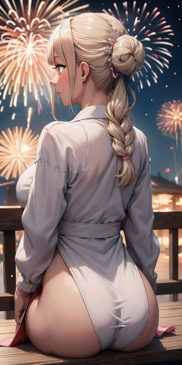 The girl who looks like marshmallow(((masterpiece))), (1girl:1.5), hyper detailed, highres, ((best quality)), (extremely delicate and beautiful), {8k cg wallpaper}, illustration, (blush), (braided ponytail | ponytail | hairbun), (extremely detailed background:1.6), (very long black hair|blonde hair), detailed face, night, festival, outdoors, lantern, (fireworks:1.4), paper lantern, snow, wind, snowflakes, hair ornament, closed eyes, (from behind:1.3), sitting, river, riverbank, starry sky, (holding hands:0.6), leaning on person, showing pink thong, nice ass