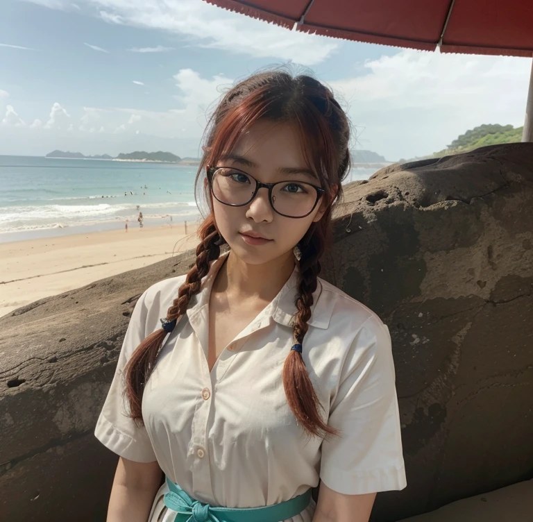 Korean Asian woman wearing glasses,beach, have glasses, Korean girl, แว่นตาthick, 18 years old., 22 years old, thick, 21 years old, beautiful Asian girl, Asian girl, เด็กสาวและcute, have glasses on, phenomenon, cute, big glass, สาวแมวcuteมาก...,Japanese school uniform,braid,red hair,smooth,sea,beach,sand,น้ำsea
