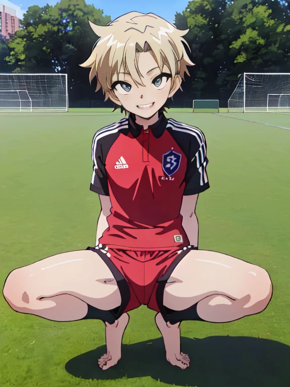 official art,anime screen cap、Super thin illustration、 High resolution, muste piece, best quality,best quality,high quality, detailed,  ( boy),12 yeaung ace striker male idol with a super cute face,A boy as beautiful as Planding, Cool handsome face with smile, soccer spike, long legs, thighs, Foots, Bulge, (blonde hair、short haired:1.4)、 shiny hair,  (Tight shiny very short soccer uniform suit), (tight soccer shorts),  grassy area, cool pose, (厚いthighs、Seduce your big ass to your crotch、(((soccer field in the park)))、((Saucy、))、grinning grin、showing your butt、ultra fine painting, (best quality, In 4K, 8K, High resolution, muste piece:1.2)