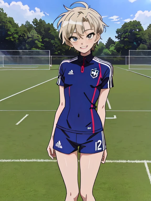 official art,anime screen cap、Super thin illustration、 High resolution, muste piece, best quality,best quality,high quality, detailed,  (little boy),12 years old, A young ace striker male idol with a super cute face,A boy as beautiful as Planding, Cool handsome face with smile, soccer spike, long legs, thighs, Foots, Bulge, (blonde hair、short haired:1.4)、 shiny hair,  (Tight shiny very short soccer uniform suit), (tight soccer shorts),  grassy area, cool pose, (厚いthighs、Seduce your big ass to your crotch、(((soccer field in the park)))、((Saucy、))、grinning grin、showing your butt、ultra fine painting, (best quality, In 4K, 8K, High resolution, muste piece:1.2)