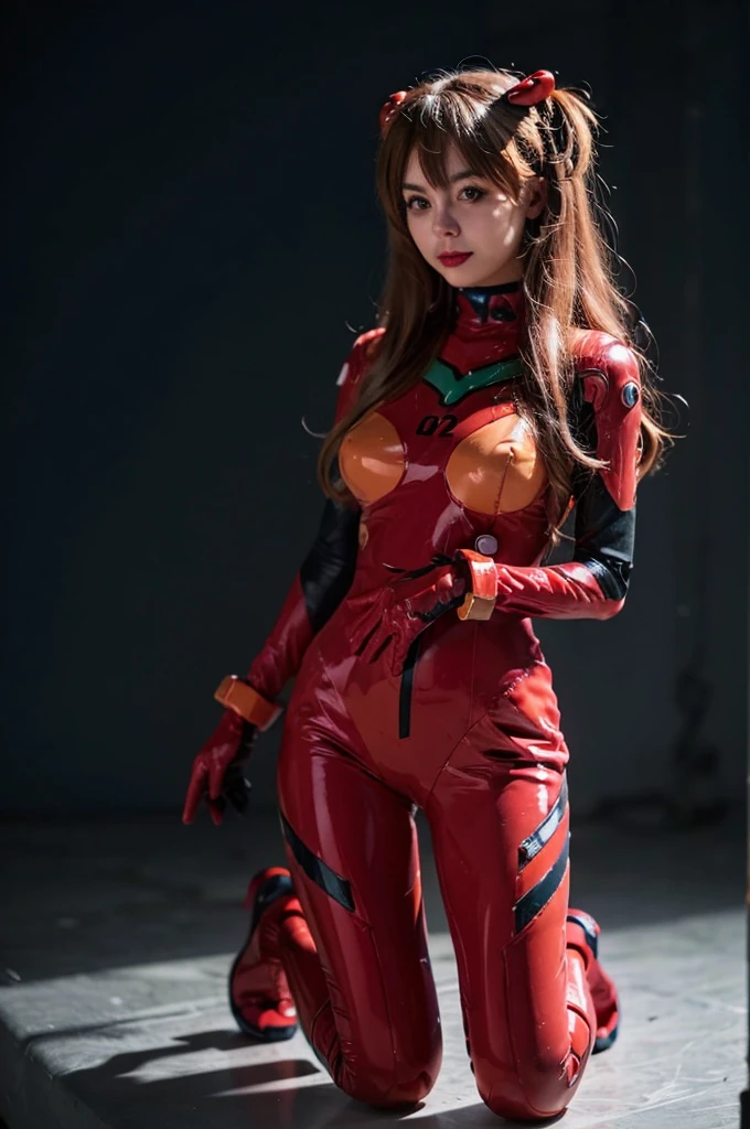 best quality, masterpiece, realistic, photorealistic, 1girl, solo, looking at viewer, full body, kneeling, long hair, asuka cosplay costume, cosplay, plugsuit, bodysuit, hair ornament, simple background,