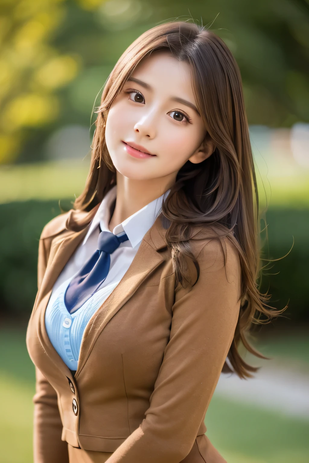 school uniform,pantyhose,cute,mature youth,wonderful,whole body,nice perfect face with soft skin perfect face,gorgeous long wavy brown hair,8K resolution,surreal,Super detailed,high quality,huge breasts:1.7),emphasize cleavage,