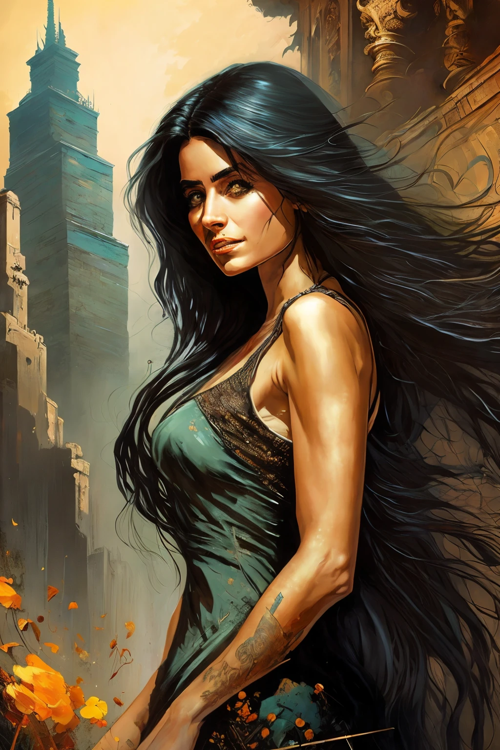 An oil painting of a captivating woman with long, flowing black hair, depicted in the distinctive style of Mike Deodato. this artwork is a fine representation of contemporary Middle Eastern and North African art, characterized by charming and intriguing character illustrations. The rich tapestry of gray and amber hues brought to life by Dmitri Danish's masterful brushstrokes adds depth and complexity to the canvas. Digitally enhanced elements, in perfect harmony with the traditional oil painting technique, add an alluring, almost mesmerizing effect. Alive with Alice Pasquini's signature whimsy and enchanting detail, this piece will surely captivate the hearts of those who appreciate the