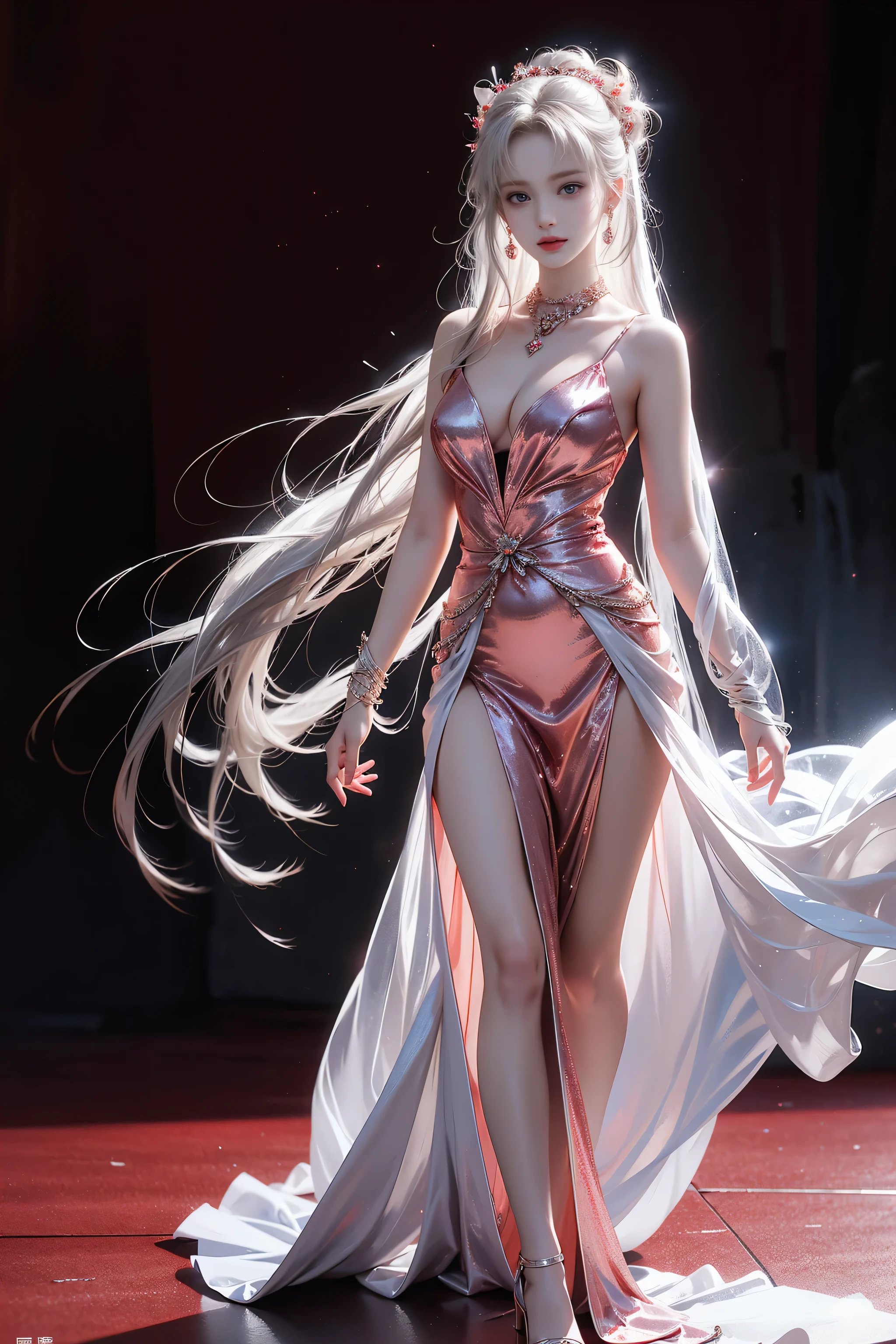 ((best quality)), ((masterpiece)), ((Super detailed)) ((Ultra High detail)) Realistic beautiful girl, long white hair, red eyes, standing, lace skirt, thigh highs, high heels, tattoos, pink lipstick, lightning background