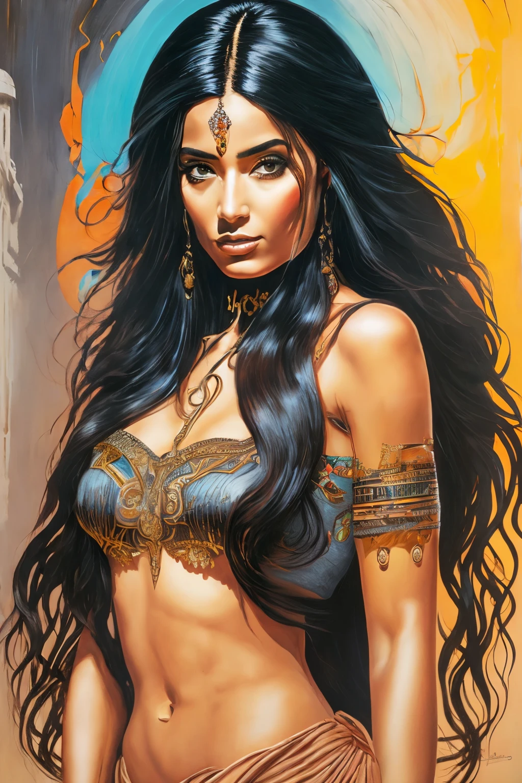 colorfull, Dvd screengrab, from 1985 dark fantasy film, vintage style art, beautiful girl model in beachwear, long dark hair, cozy bright room, film grain, golden hour, high detail, realsitic shadow, by Luis Royo