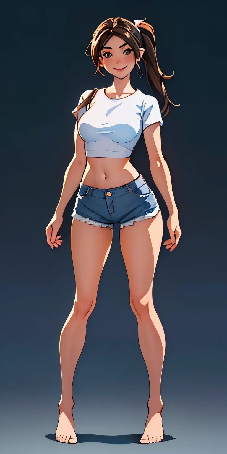(best quality, masterpiece), 1girl, watch viewer, blurred background, full body, contemporary, dress, smile, white t-shirt, constricted waist, big breasts, long legs, barefoot, jeans low waist shorts, belly button out, blue bra, brown hair, pig tails
