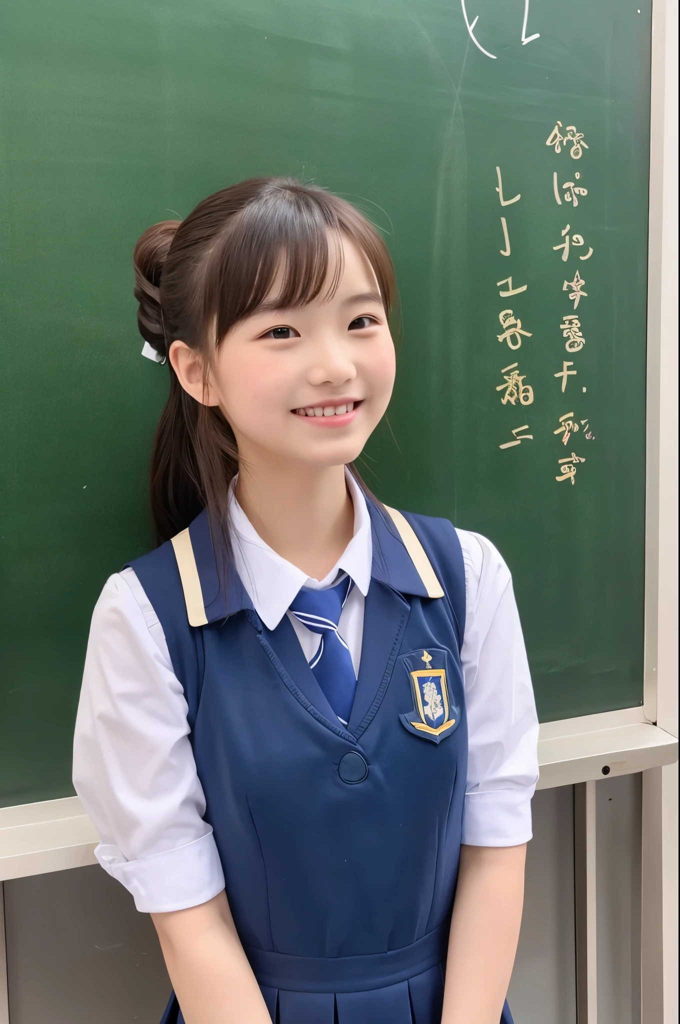best quality ,masterpiece, 1 girl, ponytail, uppper body, view straight on, smile, standing, school uniform, class room