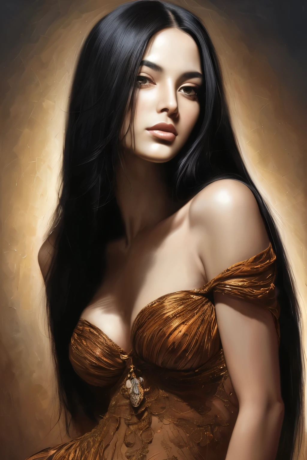 Oil painting of a captivating woman with long flowing black hair, portrayed in the distinctive style of Mike Deodato, a renowned artist in contemporary Middle Eastern and North African art. Her allure is further intensified by the intriguing charm of character illustrations, masterfully blended in gray and amber tones. This exquisite artwork, created by Dmitri Danish, undergoes digitally enhanced processes to accentuate every detail, showcasing the woman's mesmerizing features, the luminous sheen of her hair, and the intricacy of her garments. The intriguing interplay of light and shadow adds an element of mystery to her enchanting persona.