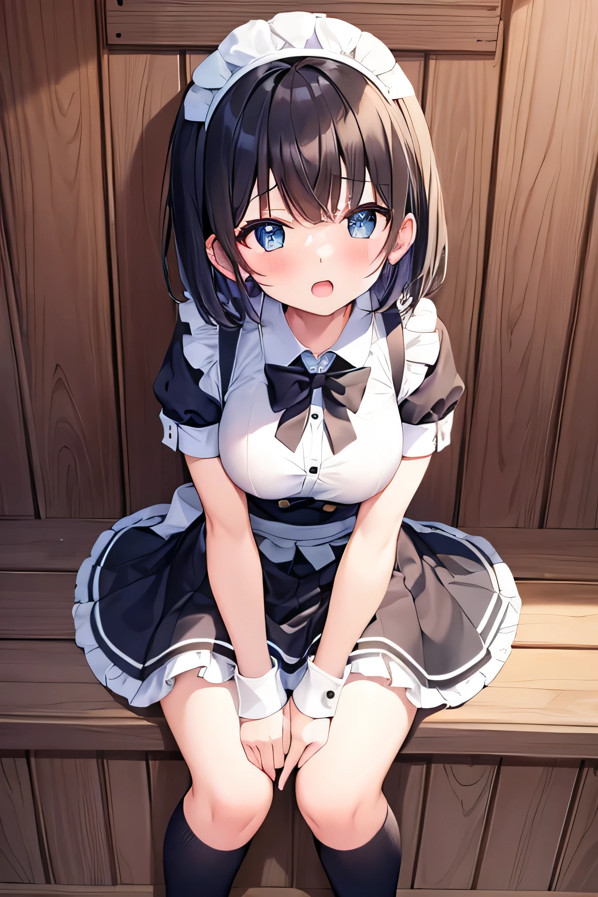 masterpiece、Highest image quality、ultra high resolution、NSFW、big breasted girl、short hair、red face、shyly、mock、Please open your mouth just a little、Short sleeve maid uniform for elementary school skirt for elementary school girls、Striped panties for eary school girls、sit、spread your legs wide、S knee high socks for elementary school girls、Maid headband for elemls、kitchen
