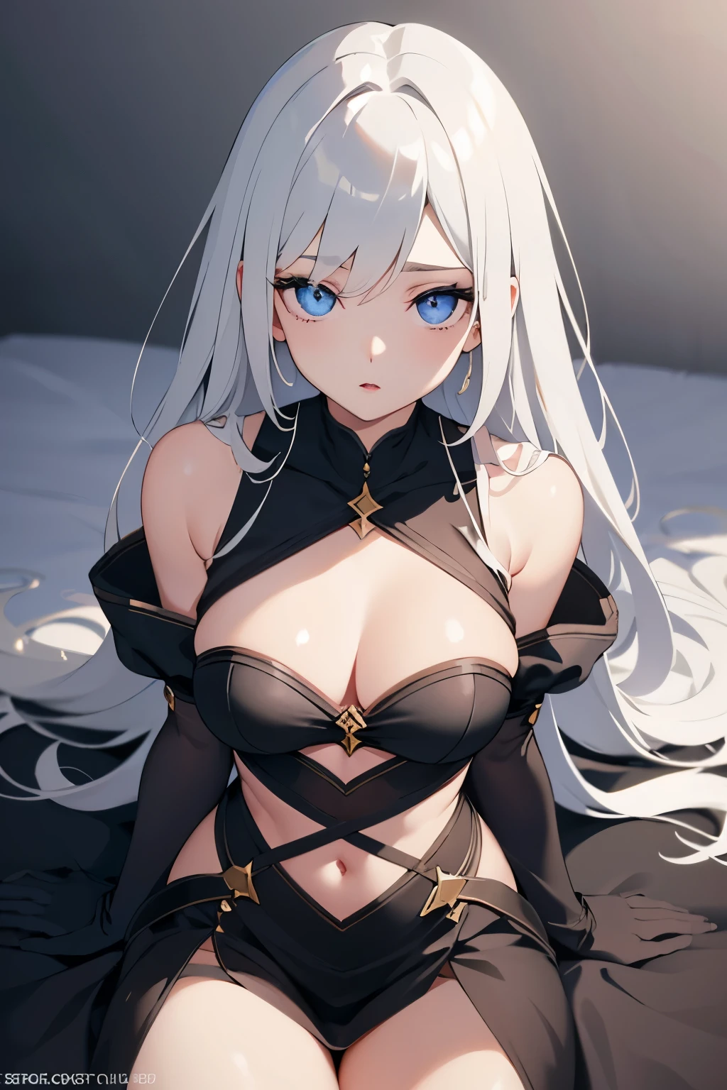 1girl, anime, cute girl, blank background, white background, fantasy, detailed dark fantasy dress with highlights, beautiful face, beautiful eyes, dark colors, silver hair, slightly small breasts, slight cleavage, beautiful skin, cute, breast curtains, extremely delicate and beautiful, (beautiful detailed face:1.0), (detailed deep eyes), symmetrical breasts, deep eyes, shiny skin, portrait, slender waist, hips wider than shoulders, thighs, young girl, expressionless, luminous eyes