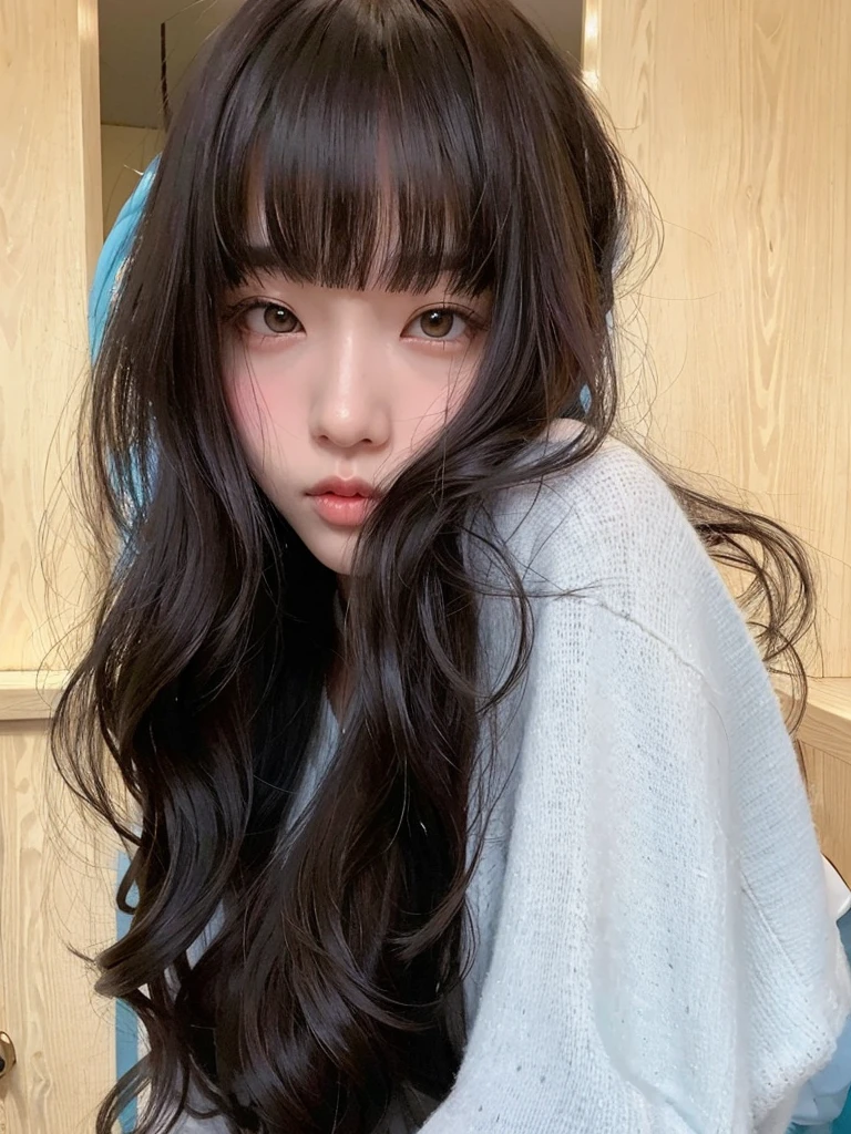 hay una mujer joven con el pelo largo sentada en una silla, el corte de hime, long hair con flequillo, con flequillo, with Flequillo completo, long hair with Flequillo completo, neat hair con flequillo, she has black hair con flequillo, Lalisa Manobal, flequillo esponjoso, chiho, pelo cortado hime negro, ulzzang, Flequillo completo