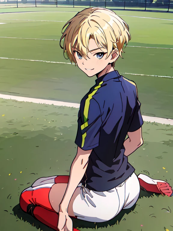 official art,anime screen cap、Super thin illustration、 High resolution, muste piece, best quality,best quality,high quality, detailed,  ( boy),12 yeaung ace striker male idol with a super cute face,A boy as beautiful as Planding, Cool handsome face with smile, soccer spike, long legs, thighs, Foots, Bulge, (blonde hair、short haired:1.4)、 shiny hair,  (Tight shiny very short soccer uniform suit), (tight soccer shorts),  grassy area, cool pose, (厚いthighs、Seduce your big ass to your crotch、(((soccer field in the park)))、((Saucy、))、grinning grin、showing your butt、ultra fine painting, (best quality, In 4K, 8K, High resolution, muste piece:1.2)、Simple representation of teeth、