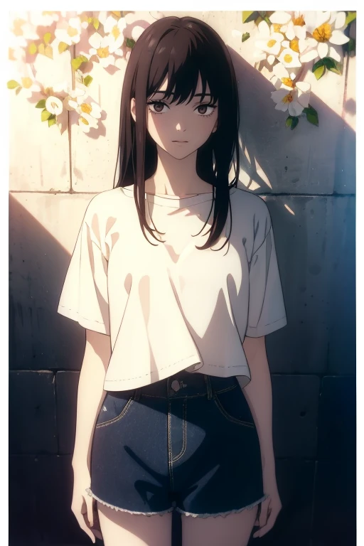 ((((Obra maestra, La mejor calidad, ultrahigh resolution)))), 1girl, standing, (baggy white t-shirt, loose fitting blue shorts, back hair, dark black hair over eye)), long hair cut, pale skin, ((brown eyes)), glowing_eyes, neon eyes, (ultra detailed eyes:0.7, beautiful and detailed face, detailed eyes:0.9), ((centered)), smile, ((wide shot)), facing viewer, (((vibrant background of outside, flowers, bright lighting, summer, sunlight))), flat chested, looking at viewer, ((half closed eyes)), ((perfect hands)), ((head:1, hips, elbows, arms, in view)), ((hands behind back)), empty eyes, beautiful lighting, defined subject, 25 years old, ((cool looking)), ((from above, wide shot))