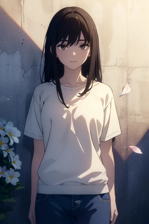 ((((Obra maestra, La mejor calidad, ultrahigh resolution)))), 1girl, standing, (baggy white t-shirt, loose fitting blue shorts, back hair, dark black hair over eye)), long hair cut, pale skin, ((brown eyes)), glowing_eyes, neon eyes, (ultra detailed eyes:0.7, beautiful and detailed face, detailed eyes:0.9), ((centered)), smile, ((wide shot)), facing viewer, (((vibrant background of outside, flowers, bright lighting, summer, sunlight))), flat chested, looking at viewer, ((half closed eyes)), ((perfect hands)), ((head:1, hips, elbows, arms, in view)), ((hands behind back)), empty eyes, beautiful lighting, defined subject, 25 years old, ((cool looking)), ((from above, wide shot))