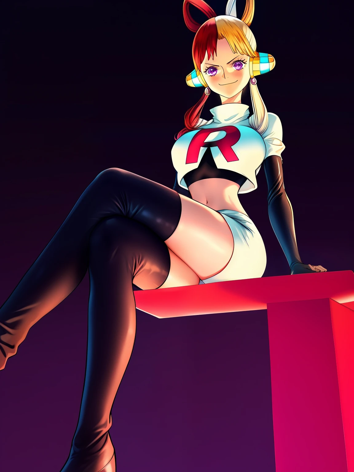 
one piece uta, 1girl, red hair, multicolored hair, white hair, solo, purple eyes,glossy lips, earings ,team rocket uniform, red letter R, white skirt,white crop top,black thigh-high boots, black elbow gloves, closed mouth, evil smile, looking down on viewer, sitting down ,legs crossed, night sky background