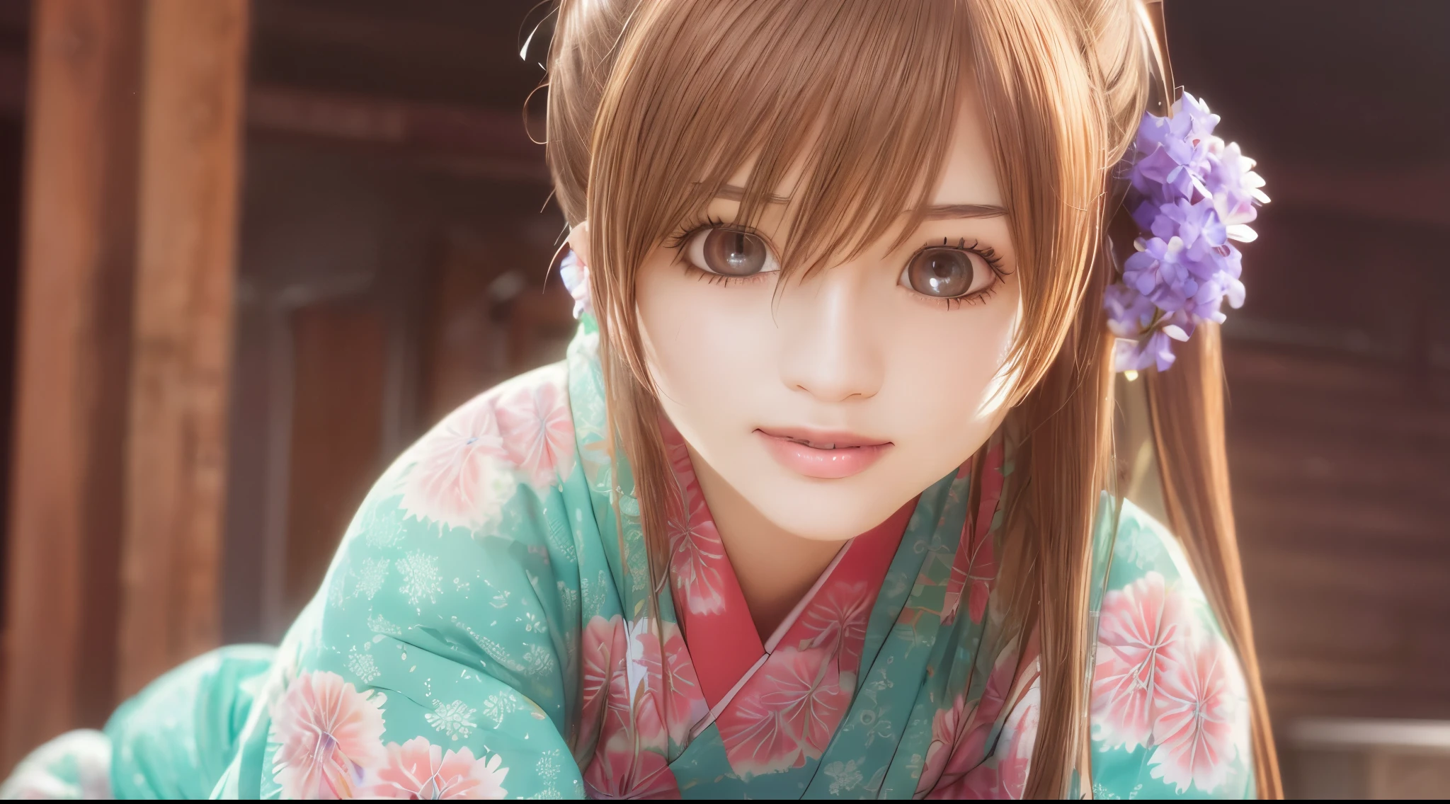 highest quality, 8K, Super detailed, photorealistic, smile, 1 girl, open your mouth, smile, highest quality, High resolution, intricate details, highest quality, chromatic aberration, brown hair, ponytail, 1 girl, alone, kimono, kimono, Purple Hakama, crawl on all fours, whole body, long hair, thighs, long hair, hair ornaments, (face focus:1.3), reach out, Japanese face, ************