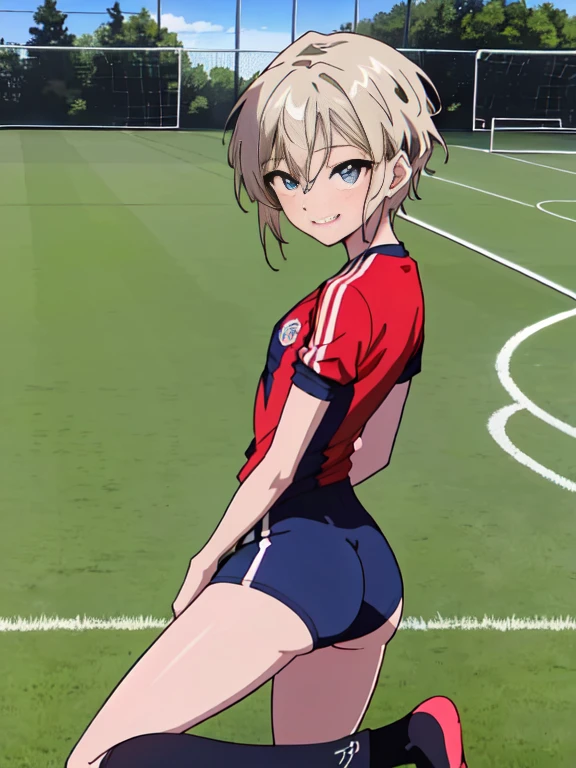 official art,anime screen cap、Super thin illustration、 High resolution, muste piece, best quality,best quality,high quality, detailed,  (little boy),12 years old, A young ace striker male idol with a super cute face,A boy as beautiful as Planding, Cool handsome face with smile, soccer spike, long legs, thighs, Foots, Bulge, (blonde hair、short haired:1.4)、 shiny hair,  (Tight shiny very short soccer uniform suit), (tight soccer shorts),  grassy area, cool pose, (厚いthighs、Seduce your big ass to your crotch、(((soccer field in the park)))、((Saucy、))、grinning grin、showing your butt、ultra fine painting, (best quality, In 4K, 8K, High resolution, muste piece:1.2)