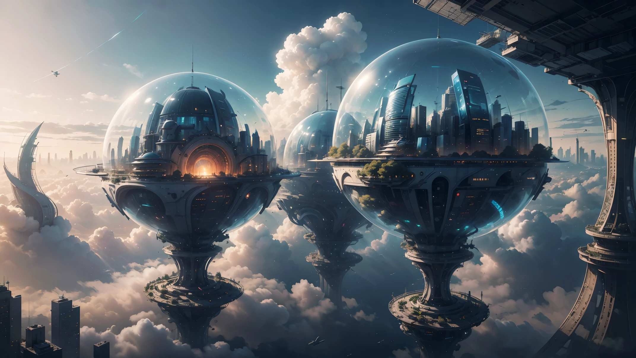 (Best quality,4K,8K,A high resolution,Masterpiece:1.2),Ultra-detailed,(Realistic,Photorealistic,photo-realistic:1.37),Futuristic floating sky city,Futuristic technology,Huge urban high-tech tablet platform,Airship,Floating in the sky,Futuristic city,Small airships around,High-tech hemispherical platform,Colorful lights,Advanced architecture,Islamic architecture,modern architecture,skyscraper,Access the cloud,Scenic beauty,view over city,Impressive design,Blend seamlessly with nature,energetic and vibrant atmosphere,Futuristic transportation system,Parking is suspended,Transparent path,Lush greenery,Sky gardens,cascading waterfalls,Magnificent skyline,reflections on the water,Sparkling river,Architectural innovation,futuristic skyscrapers,Transparent dome,The shape of the building is unusual,Elevated walkway,Impressive skyline,Glowing lights,Futuristic technology,Minimalist design,Scenic spots,Panoramic view,Cloud Piercing Tower,Vibrant colors,epic sunrise,epic sunset,Dazzling light display,magical ambiance,The future city,Urban Utopia,LuxuryLifestyle,Innovative energy,sustainable development,Smart city technology,Advanced infrastructure,Tranquil atmosphere,Nature and technology live in harmony,Awesome cityscape,Unprecedented urban planning,Architecture connects seamlessly with nature,High-tech metropolis,A cutting-edge engineering marvel,The future of urban living,Visionary architectural concept,Energy-efficient buildings,Harmony with the environment,A city floating above the clouds,Utopian dreams become reality,The possibilities are endless,State-of-the-art transportation network,Green energy integration,Innovative materials,Impressive holographic display,Advanced communication system,Breathtaking aerial view,Quiet and peaceful environment,Modernist aesthetics,Ethereal beauty