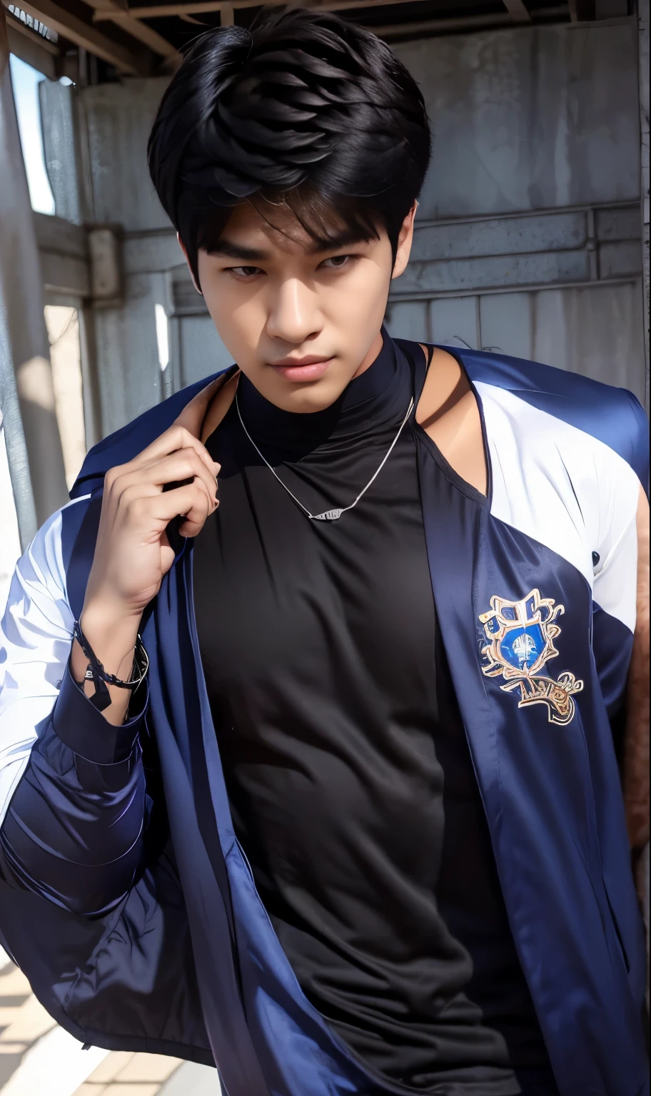 1boy, park hyungseok lookism,
black t-shirt, blue jacket, necklace, short hair, black hair, realistic, ultra detail