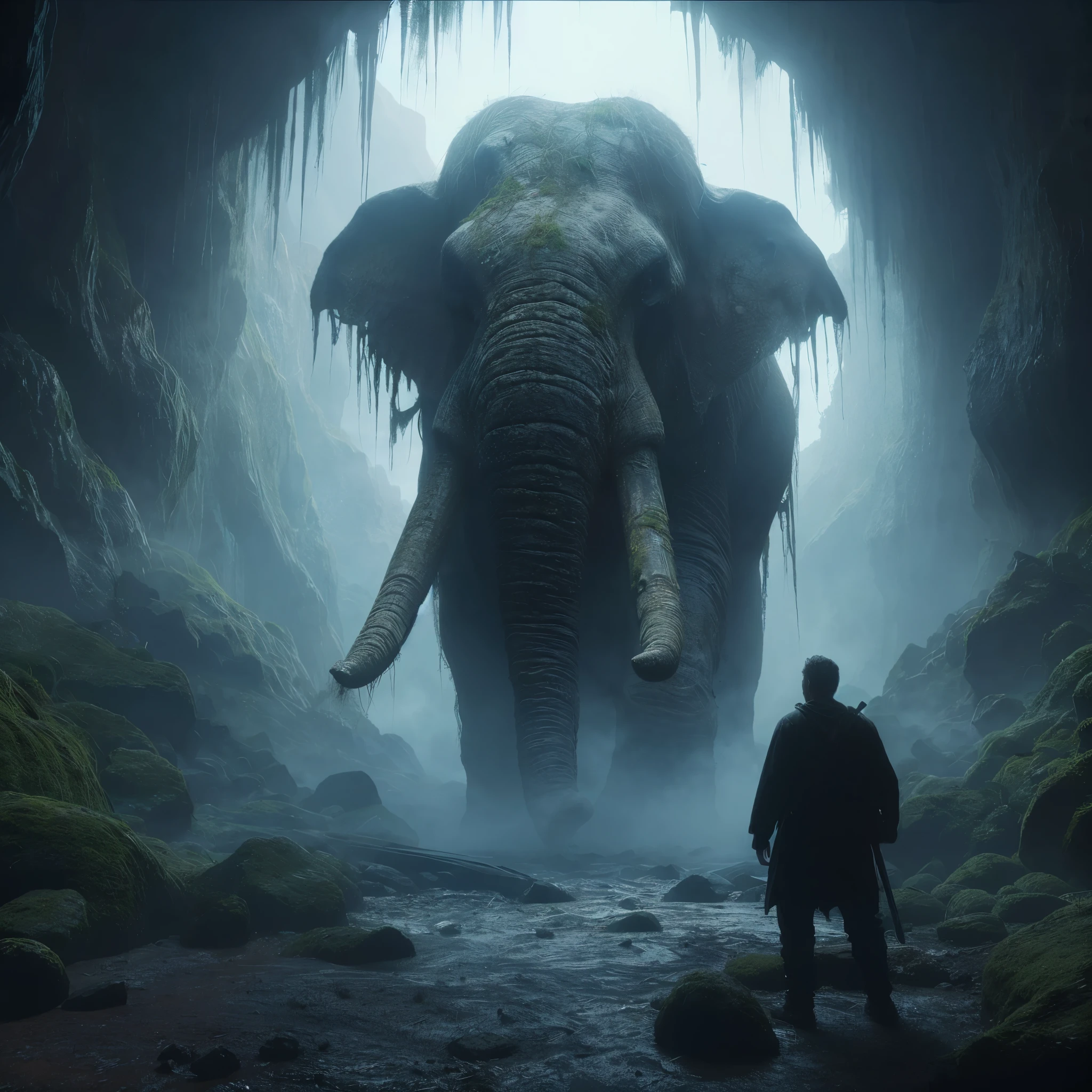 an ancient angry elephant has awoken from its slumber. it is 1000 years old and is covered in moss and ancient dirt. the elephant is huge, gigantic next to a human male. cinematic scene, misty and cold with rocks and dirt and moss around like a cave. 