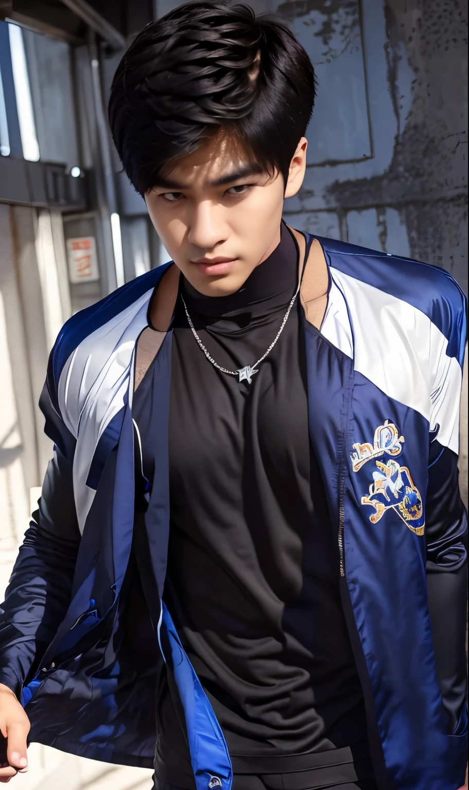 1boy, park hyungseok lookism,
black t-shirt, blue jacket, necklace, short hair, black hair, realistic, ultra detail