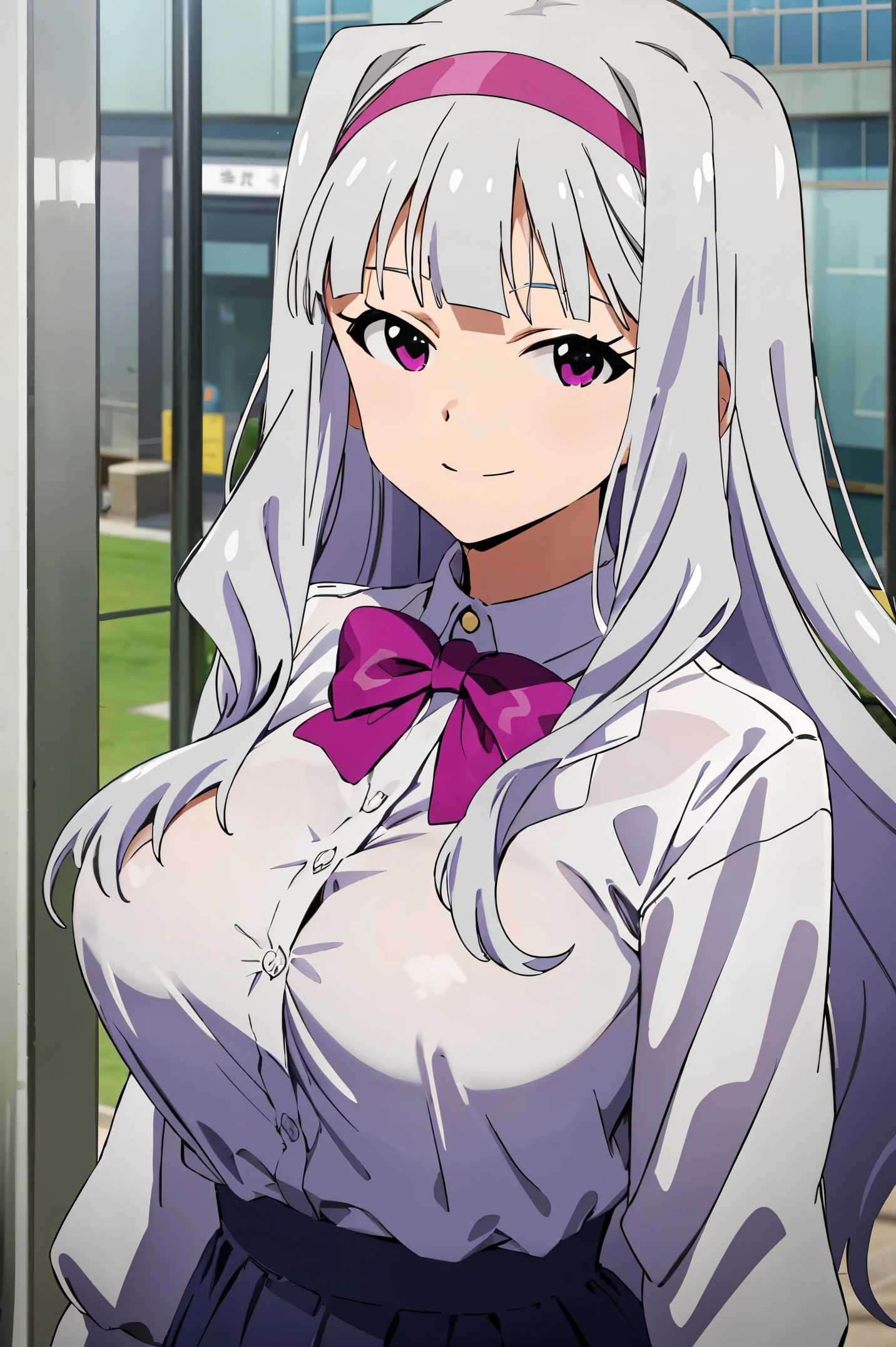 (((pixel-perfect, detail-perfect))), solo, 1girl, takane shijou, purple hairband, big boobs, shirt, bow, looking at viewer, smile