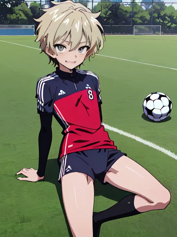 official art,anime screen cap、Super thin illustration、 High resolution, muste piece, best quality,best quality,high quality, detailed,  (little boy),12 years old, A young ace striker male idol with a super cute face,A boy as beautiful as Planding, Cool handsome face with smile, soccer spike, long legs, thighs, Foots, Bulge, (dull blonde hair、short haired:1.4)、 shiny hair,  (Tight shiny very short soccer uniform suit), (tight soccer shorts),  grassy area, cool pose, (厚いthighs、Seduce your big ass to your crotch、(((soccer field in the park)))、((Saucy、))、grinning grin、showing your butt、ultra fine painting, (best quality, In 4K, 8K, High resolution, muste piece:1.2)、Simple representation of teeth、