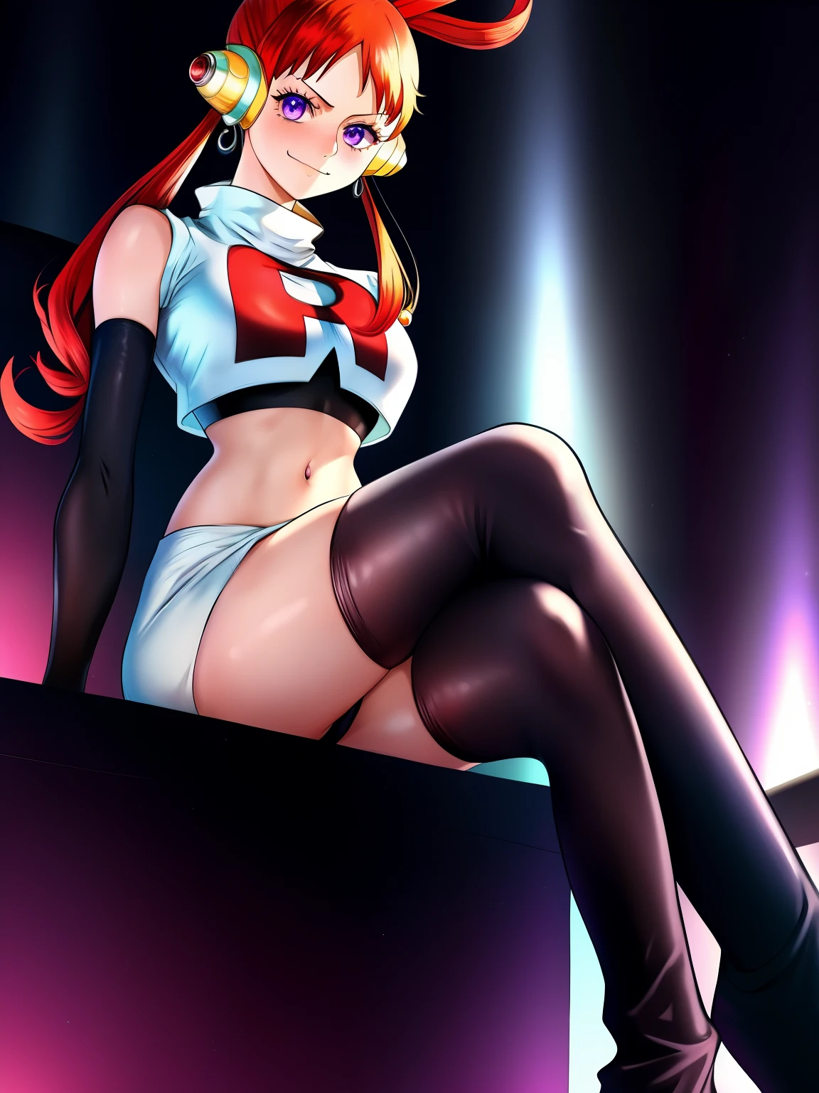 
one piece uta, 1girl, red hair, multicolored hair, white hair, solo, purple eyes,glossy lips, earings ,team rocket uniform, red letter R, white skirt,white crop top,black thigh-high boots, black elbow gloves, closed mouth, evil smile, looking down on viewer, sitting down ,legs crossed, night sky background