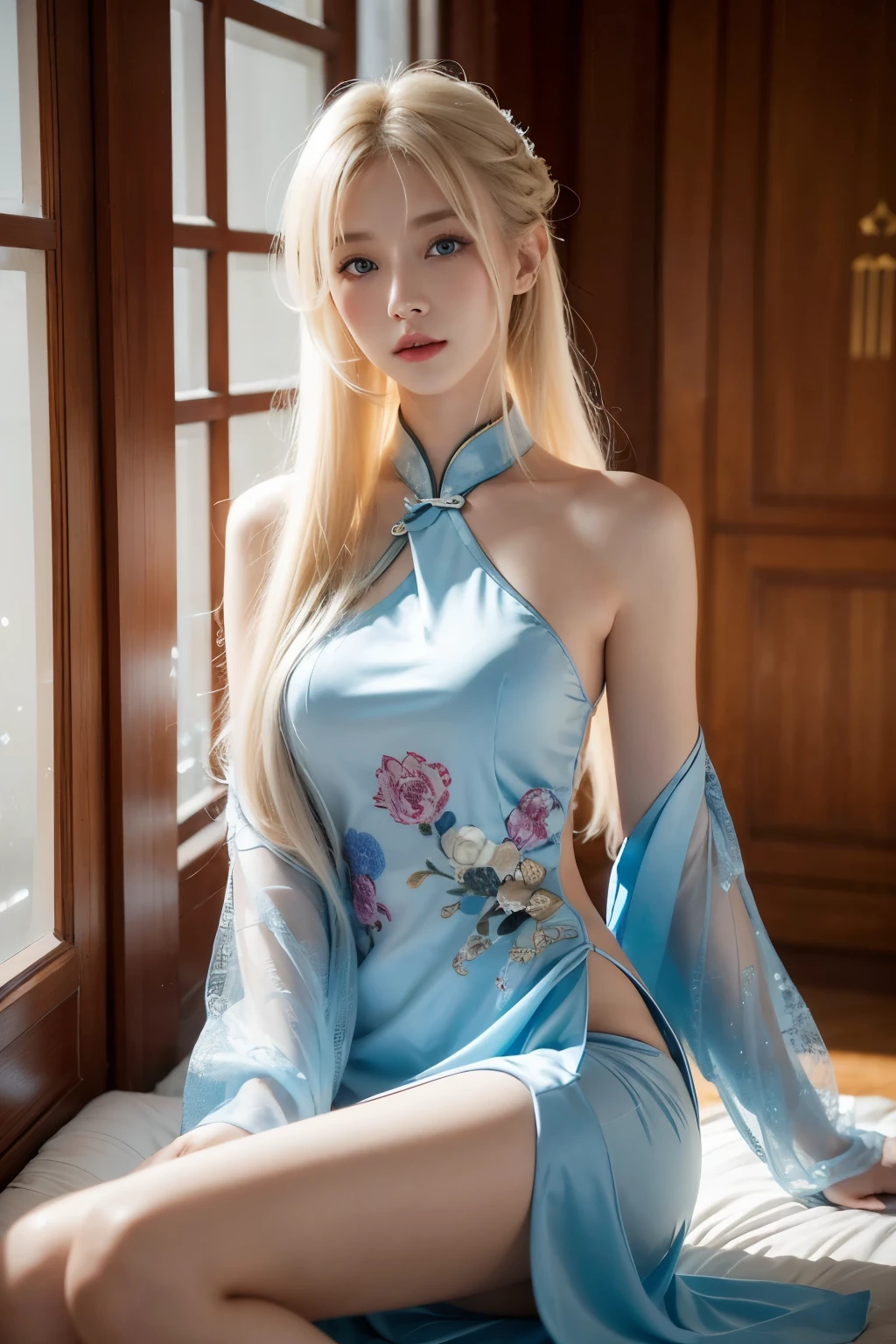 photorealistic, high resolution, 1women, solo, hips up, look at viewer, (detailed face), narrow waist, closed lips, white hair, long hair, ganyu costume, genshin impact, jewelry