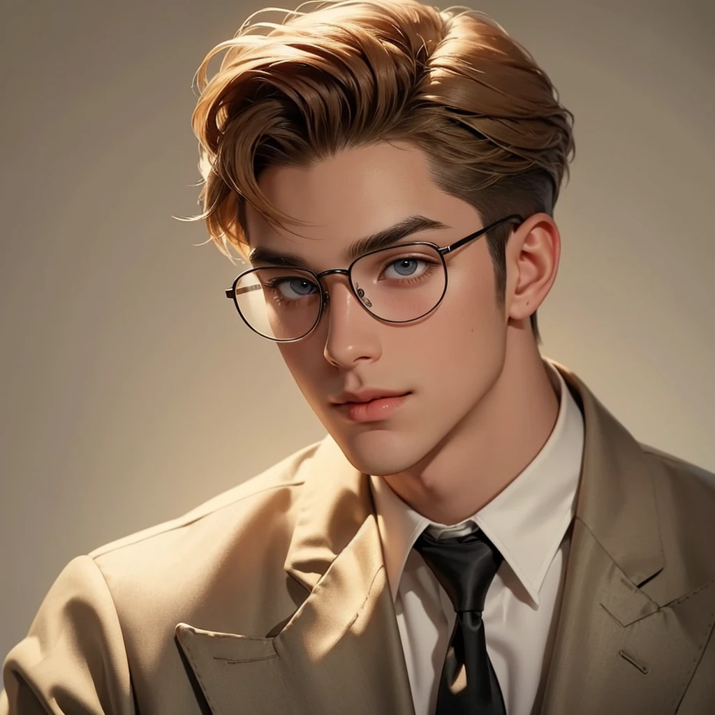 Generate a masterpiece-quality, realistic illustration of an attractive man in his mid-twenties, capturing the vintage style of 1940s wartime. The background should be a simple white color. The character is a soldier wearing a meticulously crafted plaided suit in the color AFA195 with a tie in the color 554436. He sports square light brown tan glasses and soft down eyes in the color 77b1cc, resembling a puppy's eyes. His hair is strawberry blonde (C39A7F), styled in a perfect Combed Over 1940s style. The eyebrows have a soft, medium arch, the nose is straight, and lips are medium-sized. He has a soft, alluring smile without showing teeth, capturing the essence of a typical American from Kansas. The pose should be from torso to the top, highlighting his fitted body physique. Ensure he has no facial hair. Aim for the best quality to create a realistic and visually stunning vintage portrayal.