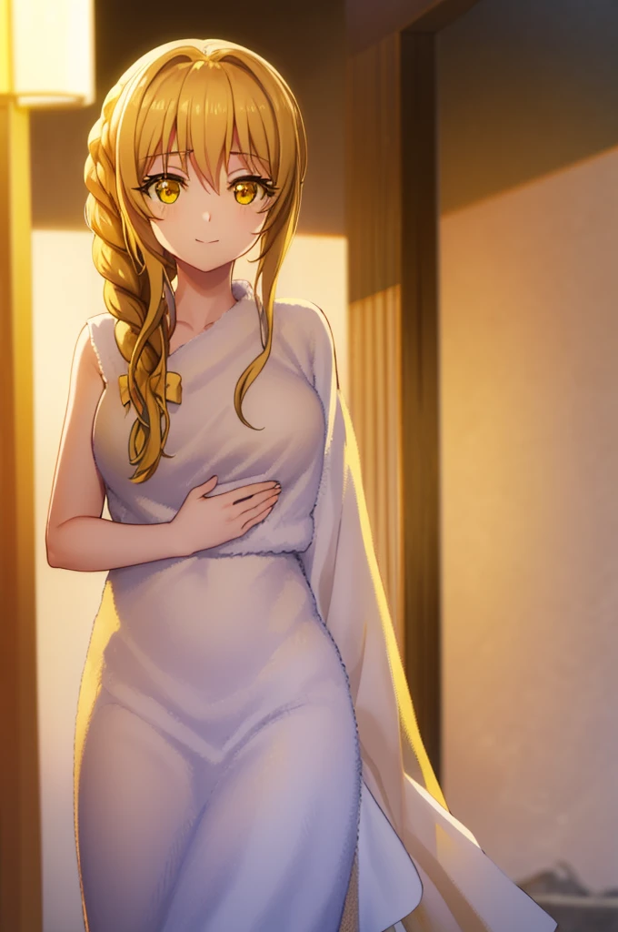 1girl,guild girl, long hair, blonde hair, (yellow eyes:1.5), braid, single braid, smile, BREAK medium breasts, crossed legs, sitting, looking at the viewer, onsen, stone, night, blush, smile, towel on body BREAK looking at viewer, upper body, full body, (cowboy shot:1.5), BREAK (masterpiece:1.2), best quality, high resolution, unity 8k wallpaper, (illustration:0.8), (beautiful detailed eyes:1.6), extremely detailed face, perfect lighting, extremely detailed CG, (perfect hands, perfect anatomy),