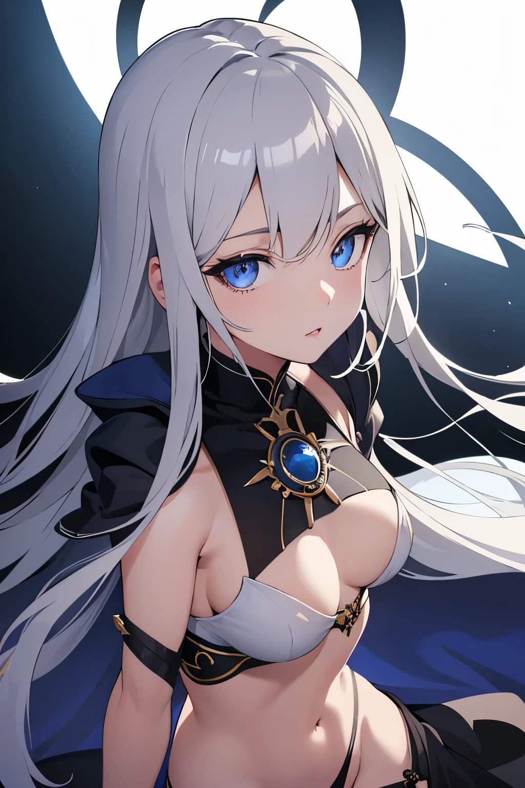 1girl, anime, cute girl, blank background, white background, fantasy, detailed dark fantasy dress with highlights, beautiful face, beautiful eyes, dark colors, silver hair, slightly small breasts, slight cleavage, beautiful skin, cute, breast curtains, extremely delicate and beautiful, (beautiful detailed face:1.0), (detailed deep eyes), symmetrical breasts, deep eyes, shiny skin, portrait, slender waist, hips wider than shoulders, thighs, young girl, expressionless, luminous eyes