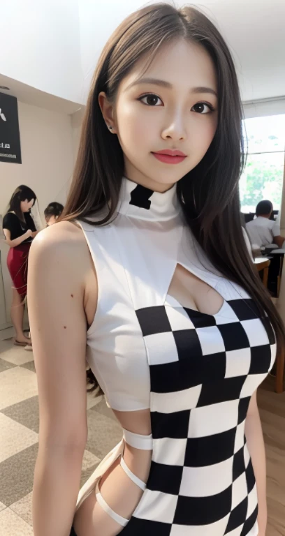 (wearing detailed Checkerboard pattern on the chest, yellow bodycon dress, black side lines, race queen style cut-out details, high neck, slim fit, black trimming:1.4)