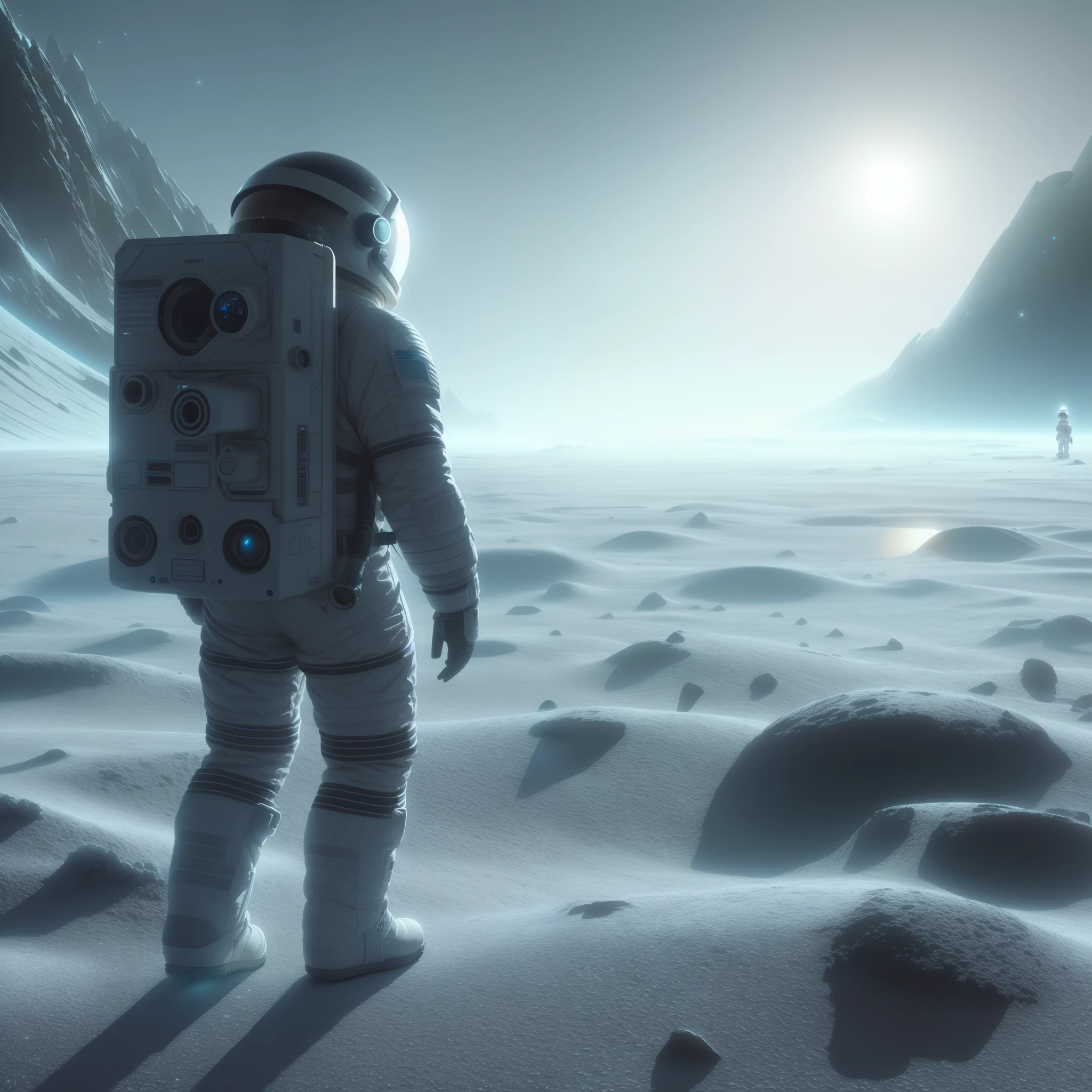 astronaut in a space suit standing on a snowy surface, 3 d render beeple, beeple. octane render, beeple and tim hildebrandt, inspired by Beeple, cinematic beeple, beeple and mike winkelmann, artem demura beeple, by Christopher Balaskas, inspired by Filip Hodas