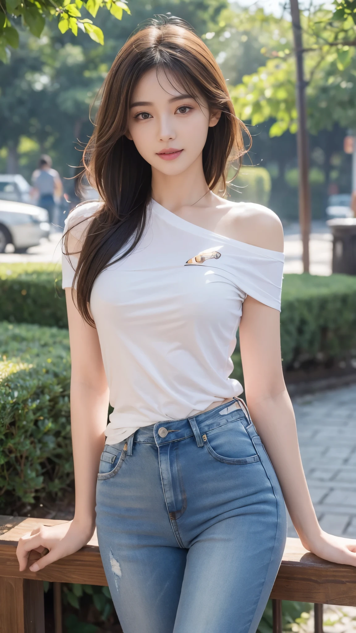 (photorealistic:1.4), (Best image quality:1.0), (Super high resolution A:1.0), 8 thousand, raw photo, (masterpiece:0.2), (pure eros face_V1:0.5)、(best quality Detail:1.2)、realistic、8 thousand UHD、highest resolution、(1 girl:1.2)、very detailed、High-quality textures、delicate details、The Details、very detailed CG、high quality shadows、Detail : beautiful and delicate face、Detail : beautiful delicate eyes、depth of field、ray tracing,1 girl, beautiful skin, facing the front, sky porn, Magic hour, (realistic:1.3), in detail, (realistic:1.1), (best quality), (intricate details), (Bright hair), (very small face), (Very short and light hair), (beautiful smile), sexy legs, slim waist, chapped lips, (She enjoys the theme park), (Sexy jeans:1.3), (oven shoulder t-shirt:1.3),