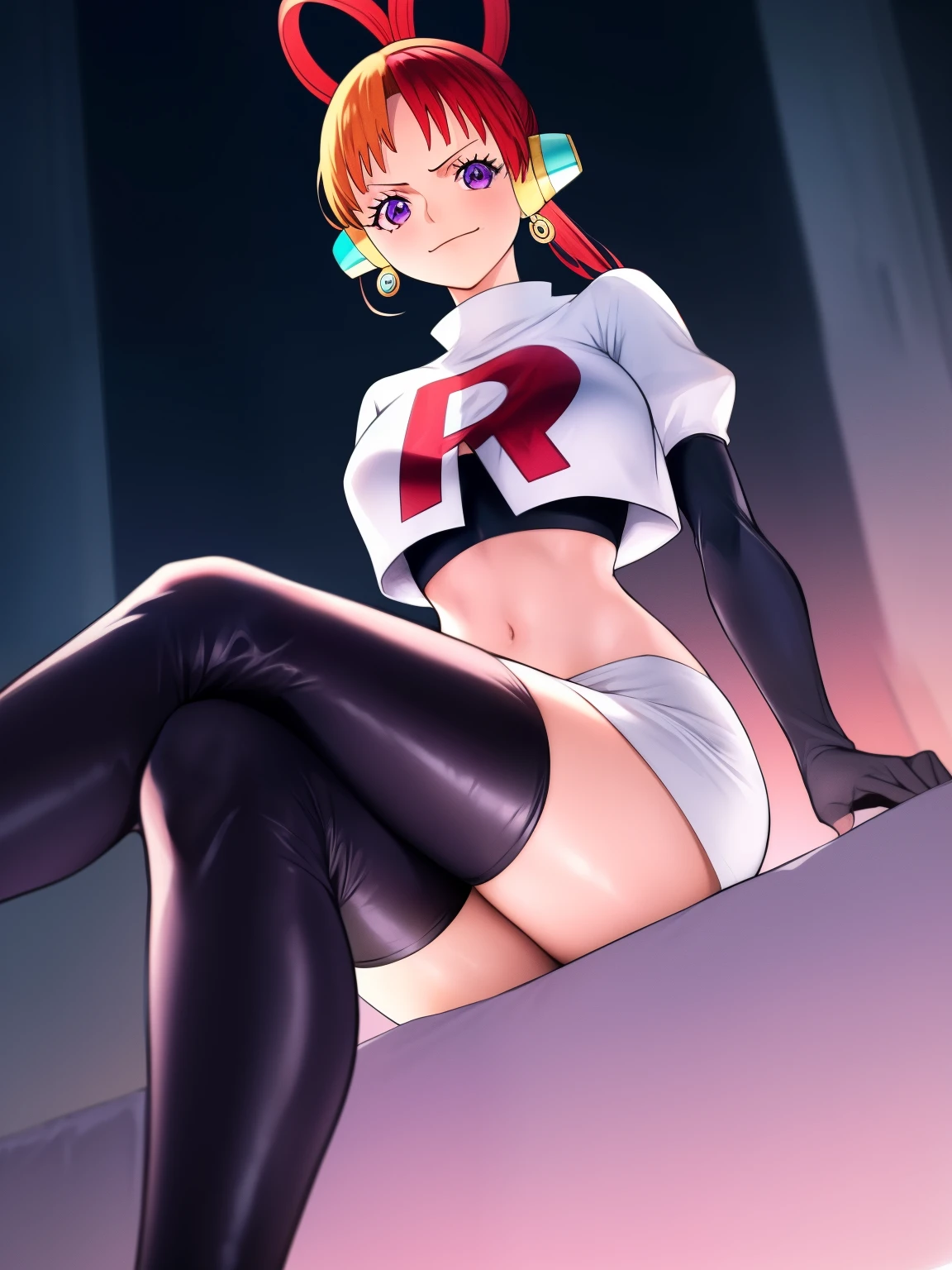 one piece uta, 1girl, red hair, multicolored hair, white hair, solo, purple eyes,glossy lips, earings ,team rocket uniform, red letter R, white skirt,white crop top,black thigh-high boots, black elbow gloves, closed mouth, evil smile, looking down on viewer, sitting down ,legs crossed, night sky background