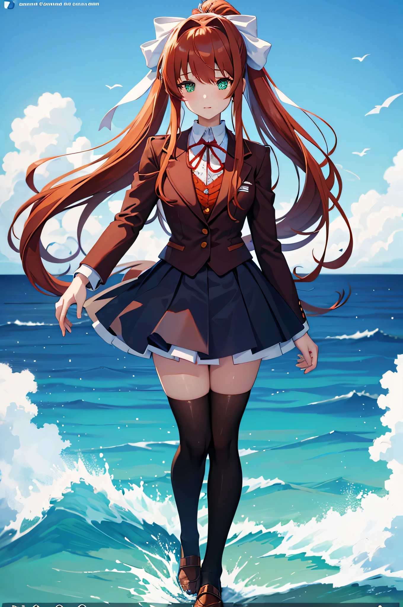 Monika de Doki Doki, mergulhando no oceano. She has long coral brown hair that she keeps in a ponytail., olhos verde esmeralda, and a white bow on her head. She wears the standard school uniform, que consiste em um blazer marrom, uma camisa branca, uma fita vermelha, uma saia azul, e meias pretas. The art style is perfect Anime Art with cinematic lighting, Super detalhes, Ultra-HD, preciso, melhor qualidade, obra de arte, 4k, premiado, e pele texturizada.