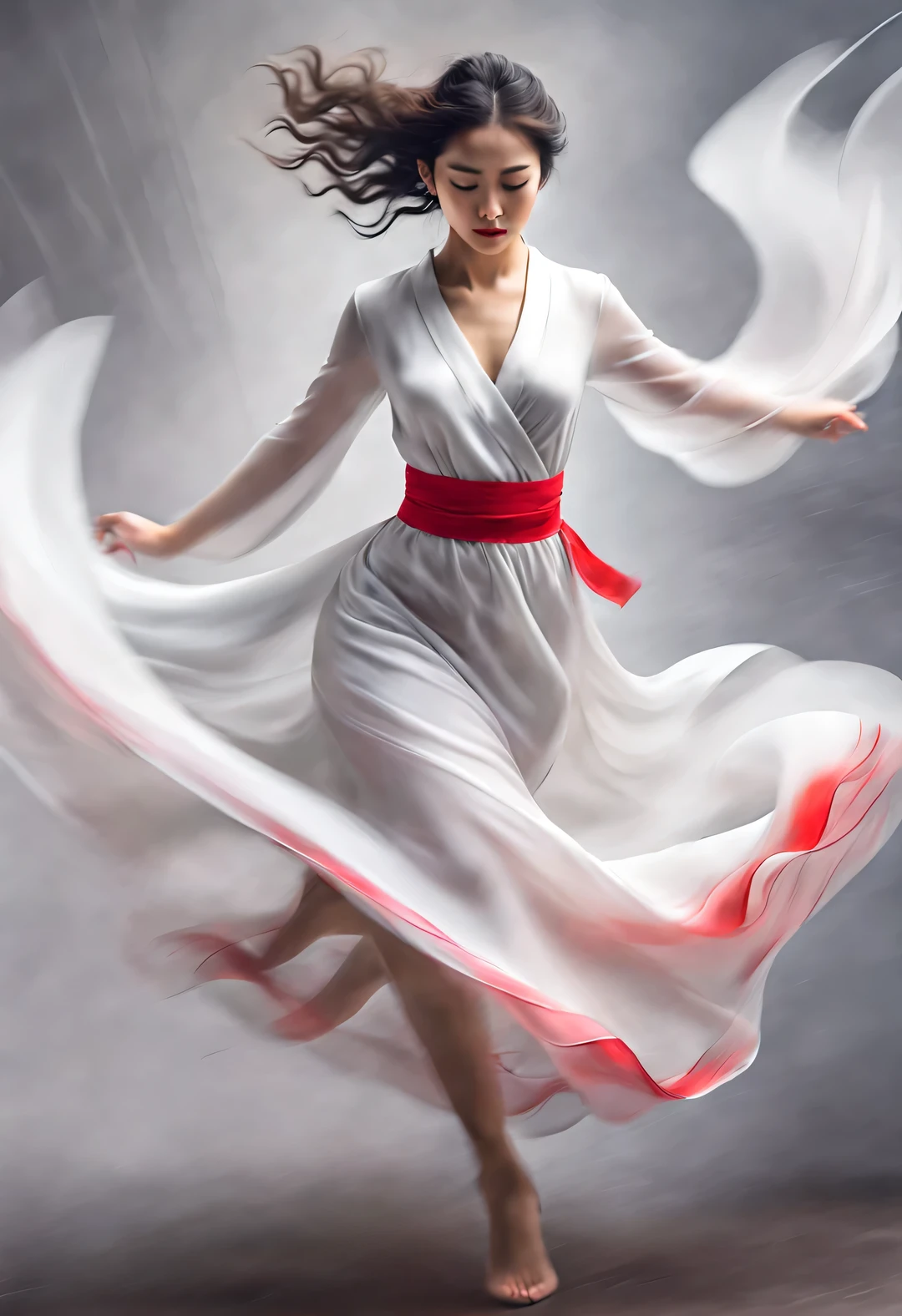 （Red art poster design），（whole body），（Amazing beautiful Chinese dancer dancing），Put on a gauze skirt，Fair and flawless skin），The bridge of the nose is high and straight，（Thick long hair with messy shawl hair：1.1），Close eyes and indulge in intoxication，（inspired by audrey.Hepburn：1.0），sad yet beautiful，Long and beautiful limbs，slim waist，Exquisite facial features，（barefoot）， Swirling mist，Noble temperament，black and white，Chinese ink painting，，Surrealism，Vague，imagine，