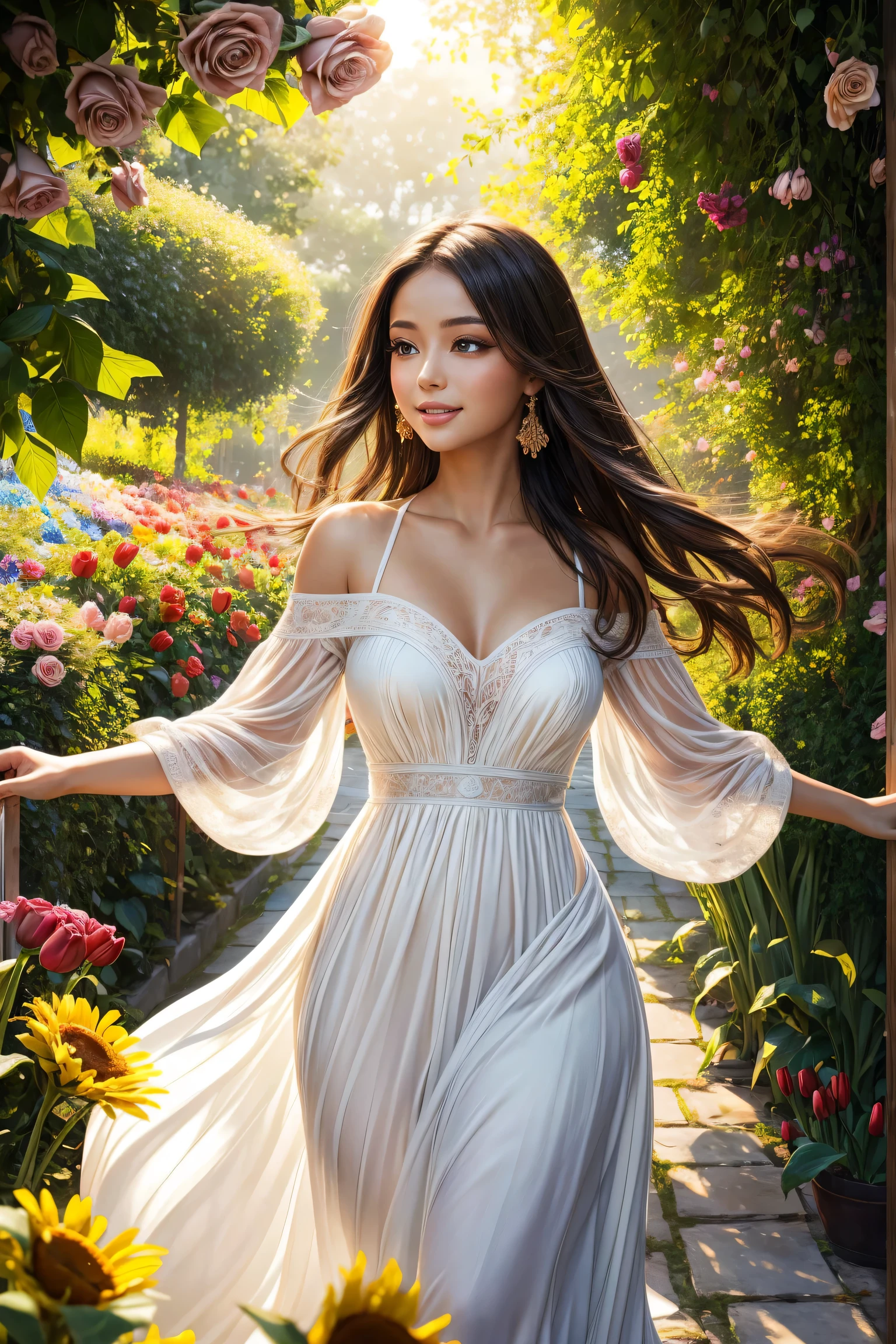 A girl with beautiful detailed eyes and lips stands in a vibrant garden, Surrounded by blooming flowers and lush greenery. She has long eyelashes，Added a touch of elegance to her face. The garden is filled with all kinds of colorful flowers, Including roses, tulip, and sunflowers. The sun shines gently through the leaves, Cast a warm and brilliant light on the scene. The girl wore a flowing white dress，Dance in the breeze, Give her an ethereal and elegant look. Her face is filled with a joyful smile, Radiating the light of happiness and contentment. The overall atmosphere of the artwork is realistic and realistic, Bright colors、clear focus. The artwork showcases the beauty of nature，Captures the essence of the perfect moment. Soft and subtle lighting, Create a sense of peace and quiet. Artwork is of the highest quality, Features ultra-detailed elements，Bring every aspect of your scene to life. This is a masterpiece created with precision and passion.