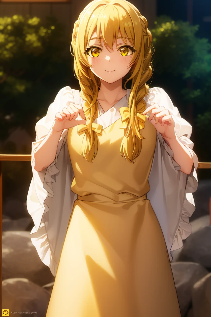 1girl,guild girl, long hair, blonde hair, (yellow eyes:1.5), braid, single braid, smile, BREAK medium breasts, crossed legs, sitting, looking at the viewer, onsen, stone, night, blush, smile, BREAK looking at viewer, upper body, full body, (cowboy shot:1.5), BREAK (masterpiece:1.2), best quality, high resolution, unity 8k wallpaper, (illustration:0.8), (beautiful detailed eyes:1.6), extremely detailed face, perfect lighting, extremely detailed CG, (perfect hands, perfect anatomy),