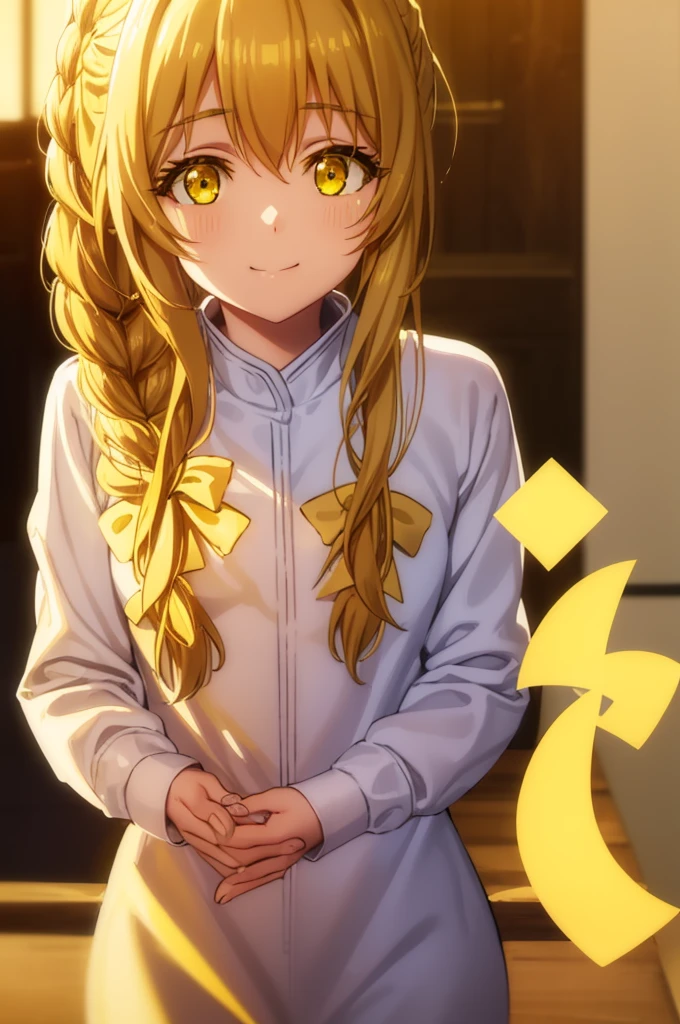 1girl,guild girl, long hair, blonde hair, (yellow eyes:1.5), braid, single braid, smile, BREAK medium breasts, crossed legs, sitting, looking at the viewer, onsen, stone, night, blush, smile, BREAK looking at viewer, upper body, full body, (cowboy shot:1.5), BREAK (masterpiece:1.2), best quality, high resolution, unity 8k wallpaper, (illustration:0.8), (beautiful detailed eyes:1.6), extremely detailed face, perfect lighting, extremely detailed CG, (perfect hands, perfect anatomy),