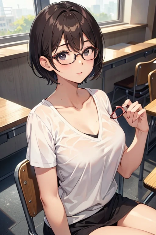 University、campus、Beauty、Upper body、sit down、During class。short hair、meaty、Glamour、V-neck shirt、I can see your chest、Glasses