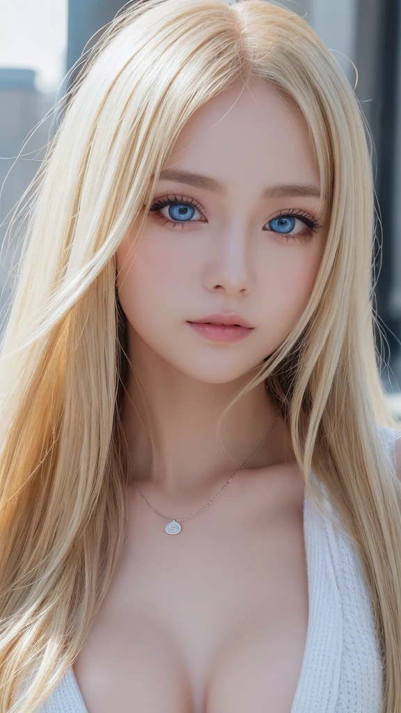 high quality、最high quality、photorealistic、Raw photo、real、超real8K CG、Super detailed、High resolution、masterpiece、1 girl、Super long blonde hair、bright blonde hair、big shining bright light blue eyes、detailed face and eyes、very big eyes、Close-up、intricate details、detailed texture、details、details、cheek gloss highlight、White shiny skin、hair between eyes、
((最high quality、8k、masterpiece、sharp focus、35mm lens、f / 0.8、Amazingly beautiful and perfect figure:1.4))、side light、((Natural Medium Breasted))、(white shoulder knit sweater:1.2)、(street background:1.2)、necklace、Highly detailed face and skin texture:1.2、detailed light blue big eyes:1.2、Super detailedな肌、shiny white skin:1.2、blush、Beautiful detailed makeup:1.2、High-fidelity bangs、Bright light blonde long random hairstyle、 from below、view viewer