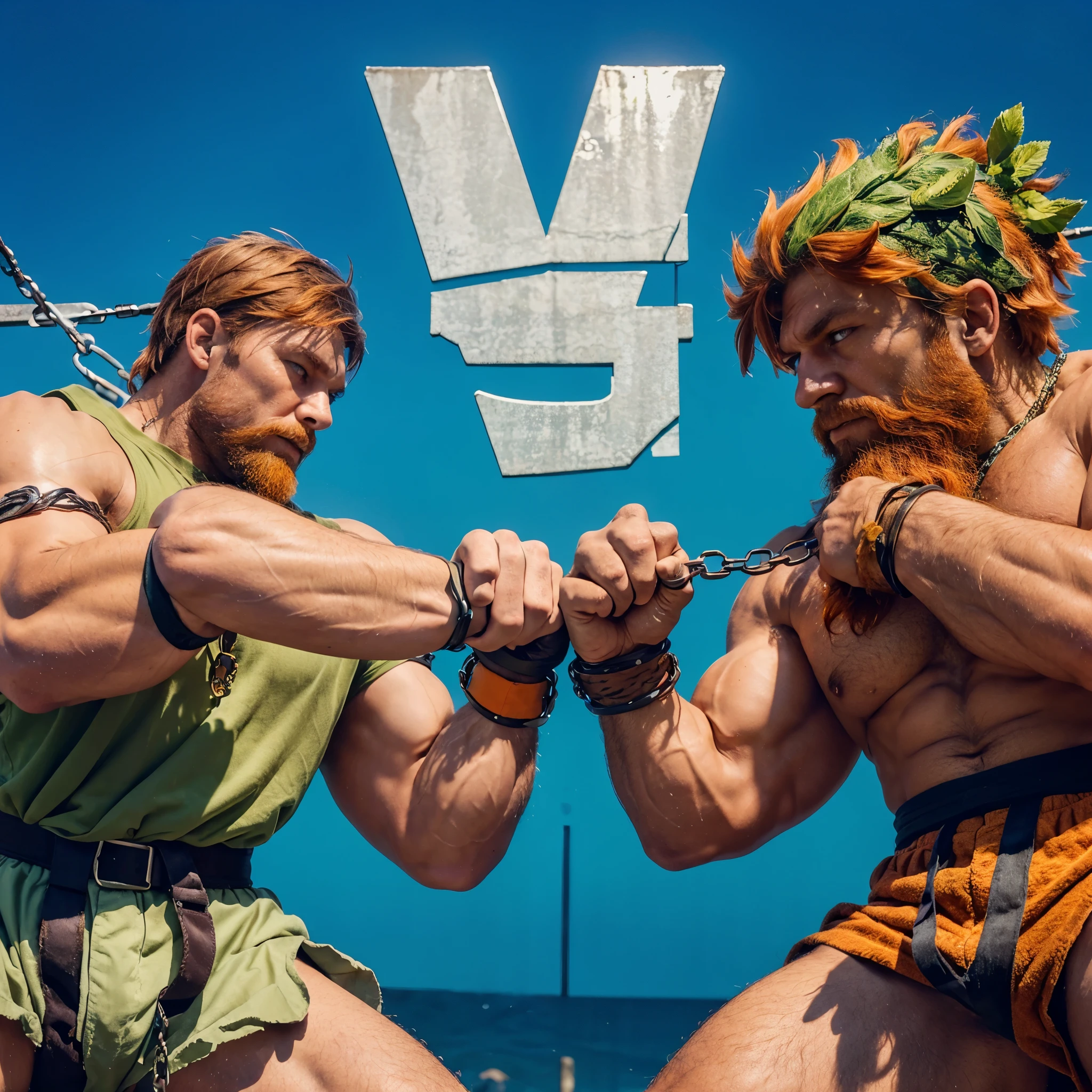 A muscular green man with orange hair and a beard, wearing brown shorts and a black wristband, crouches low with his arms out to the sides, looking fierce. He is chained at his wrists and has a redbruised eye.