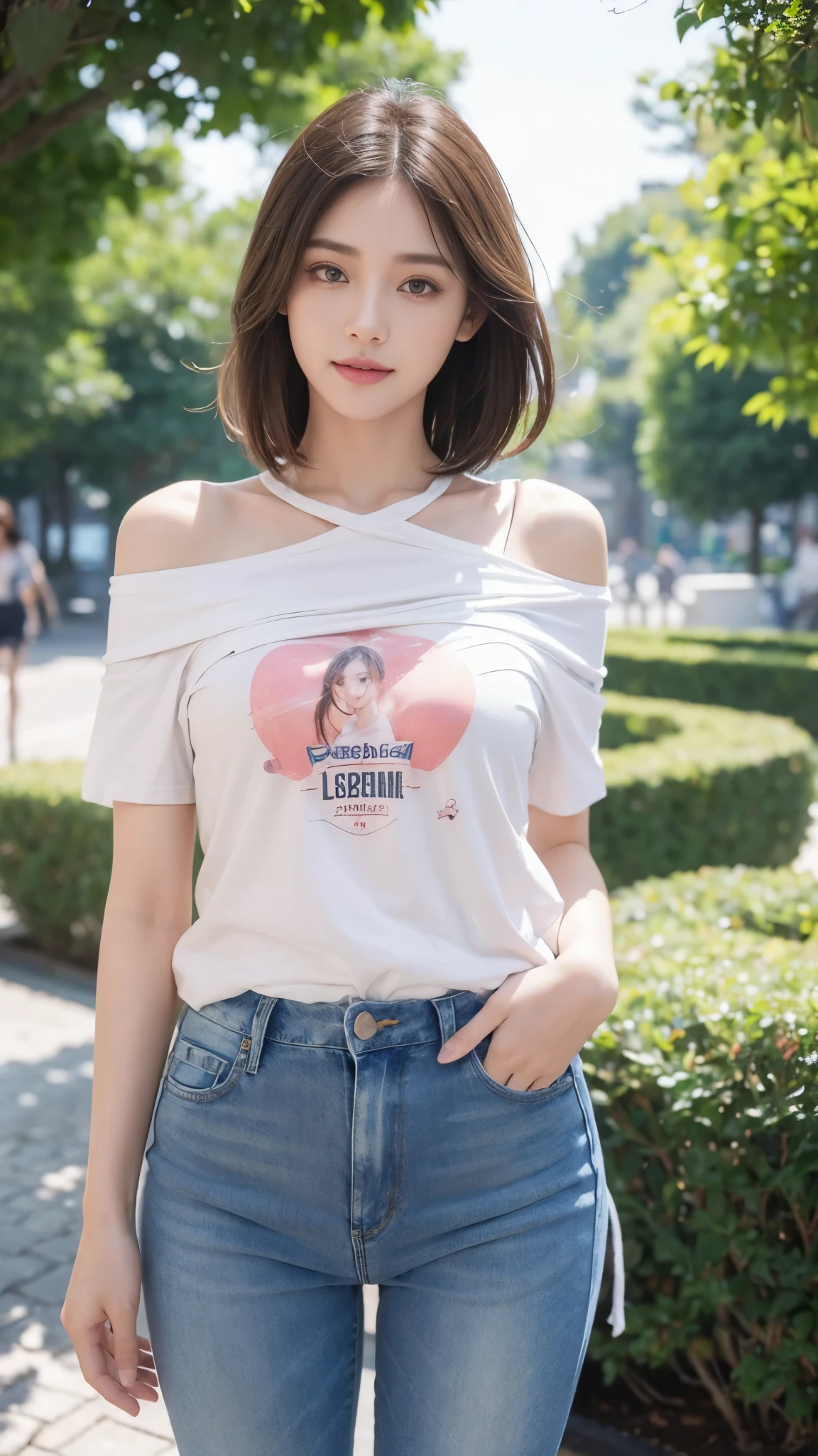 (photorealistic:1.4), (Best image quality:1.0), (Super high resolution A:1.0), 8 thousand, raw photo, (masterpiece:0.2), (pure eros face_V1:0.5)、(best quality Detail:1.2)、realistic、8 thousand UHD、highest resolution、(1 girl:1.2)、very detailed、High-quality textures、delicate details、The Details、very detailed CG、high quality shadows、Detail : beautiful and delicate face、Detail : beautiful delicate eyes、depth of field、ray tracing,1 girl, beautiful skin, facing the front, sky porn, Magic hour, (realistic:1.3), in detail, (realistic:1.1), (best quality), (intricate details), (Bright hair), (very small face), (Very short and light hair), (beautiful smile), sexy legs, slim waist, chapped lips, (She enjoys the theme park), (Sexy jeans:1.3), (oven shoulder t-shirt:1.3),