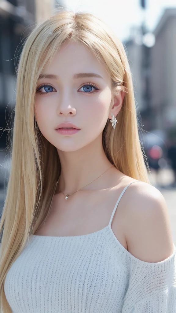 high quality、最high quality、photorealistic、Raw photo、real、超real8K CG、Super detailed、High resolution、masterpiece、1 girl、Super long blonde hair、bright blonde hair、big shining bright light blue eyes、detailed face and eyes、very big eyes、Close-up、intricate details、detailed texture、details、details、cheek gloss highlight、White shiny skin、hair between eyes、
((最high quality、8k、masterpiece、sharp focus、35mm lens、f / 0.8、Amazingly beautiful and perfect figure:1.4))、side light、((Natural Medium Breasted))、(white shoulder knit sweater:1.2)、(street background:1.2)、necklace、Highly detailed face and skin texture:1.2、detailed light blue big eyes:1.2、Super detailedな肌、shiny white skin:1.2、blush、Beautiful detailed makeup:1.2、High-fidelity bangs、Bright light blonde long random hairstyle、 from below、view viewer